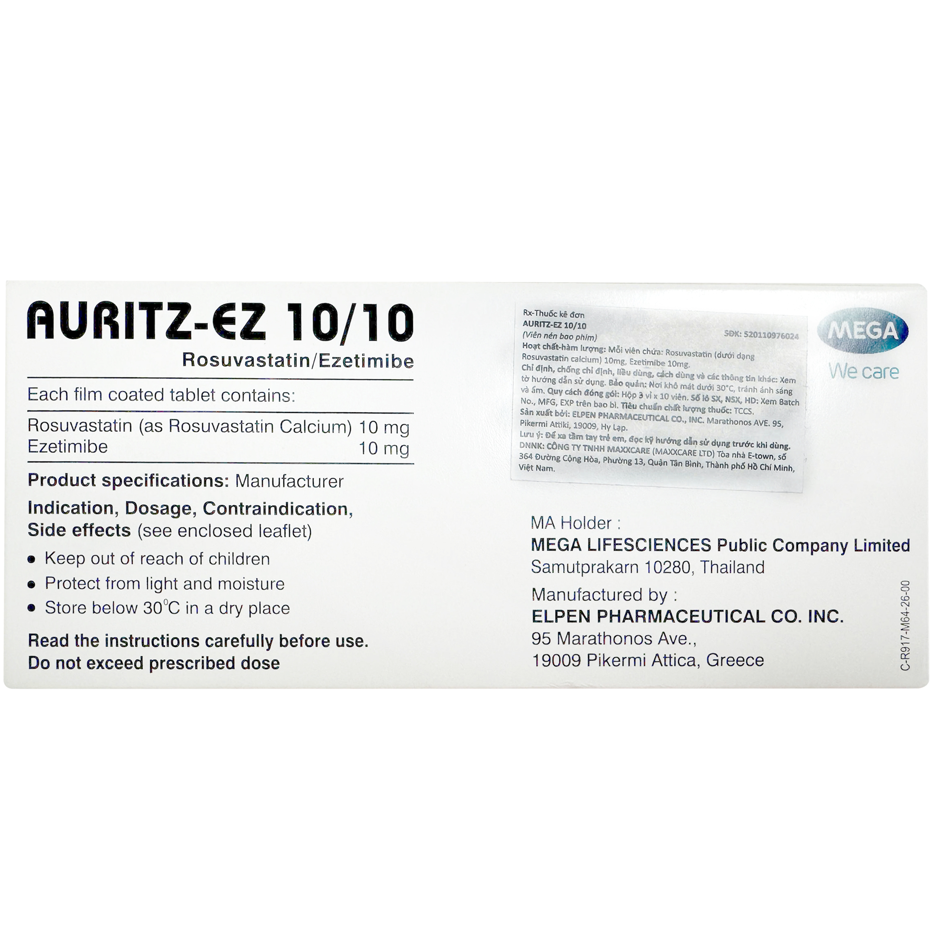 Hình ảnh Thuốc Auritz EZ 10/10 Điều trị tăng cholesterol máu nguyên phát và Dự phòng biến cố tim mạch (3 vỉ x 10 viên)