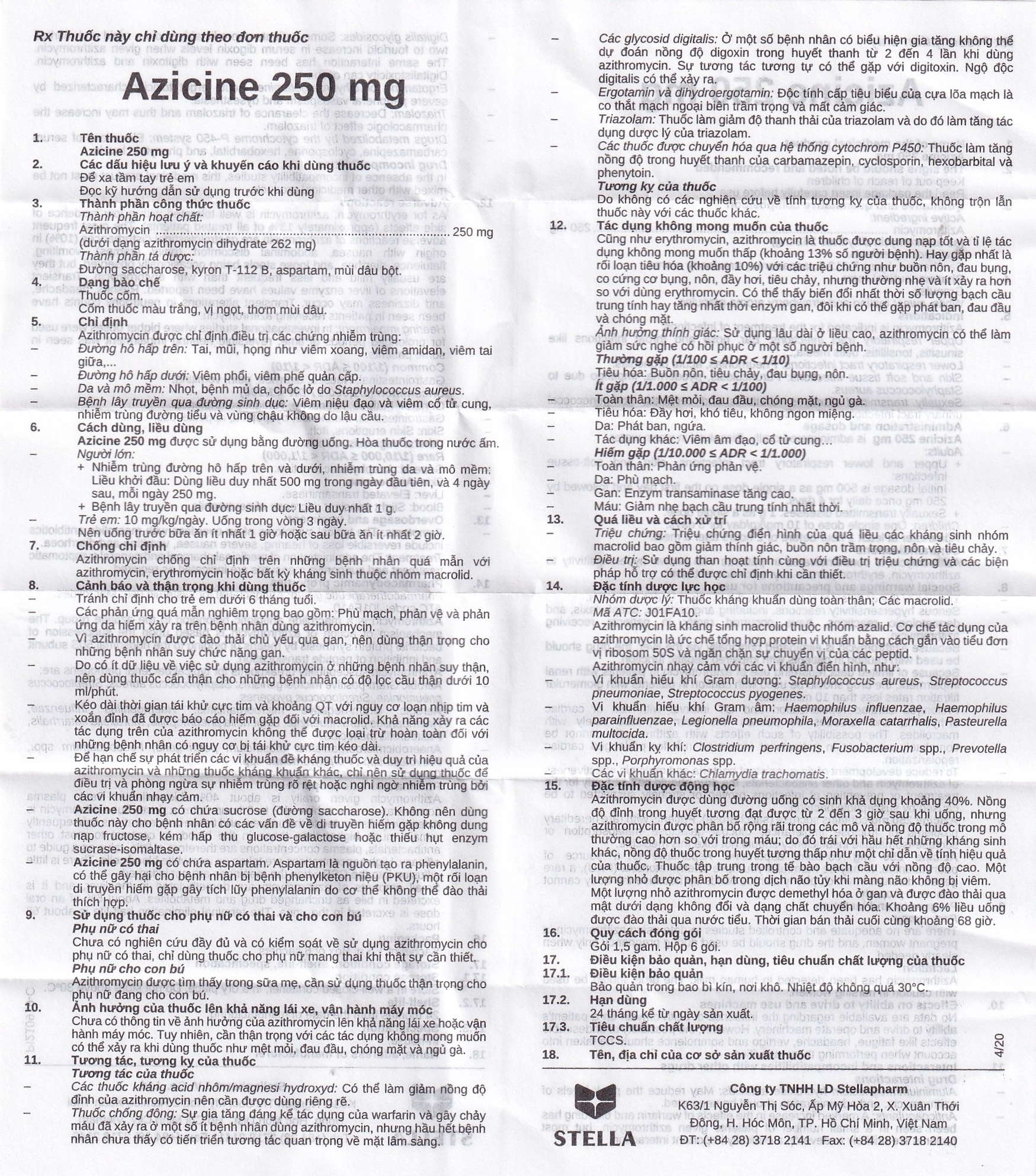 Hình ảnh Thuốc cốm Azicine 250mg Stella điều trị nhiễm khuẩn (6 gói x 1g)