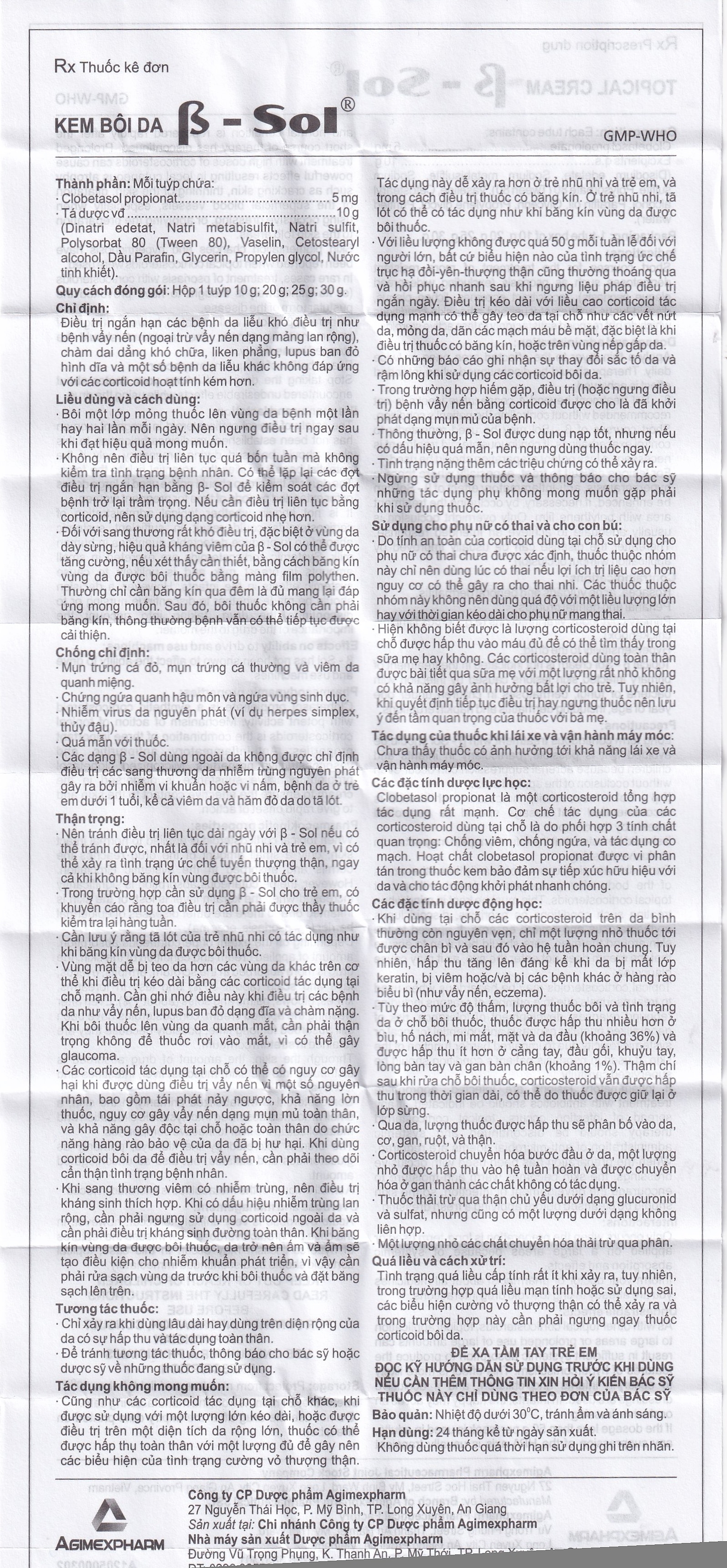 Hình ảnh Kem bôi da B- Sol Agimexpharm điều trị vảy nến, chàm (10g)