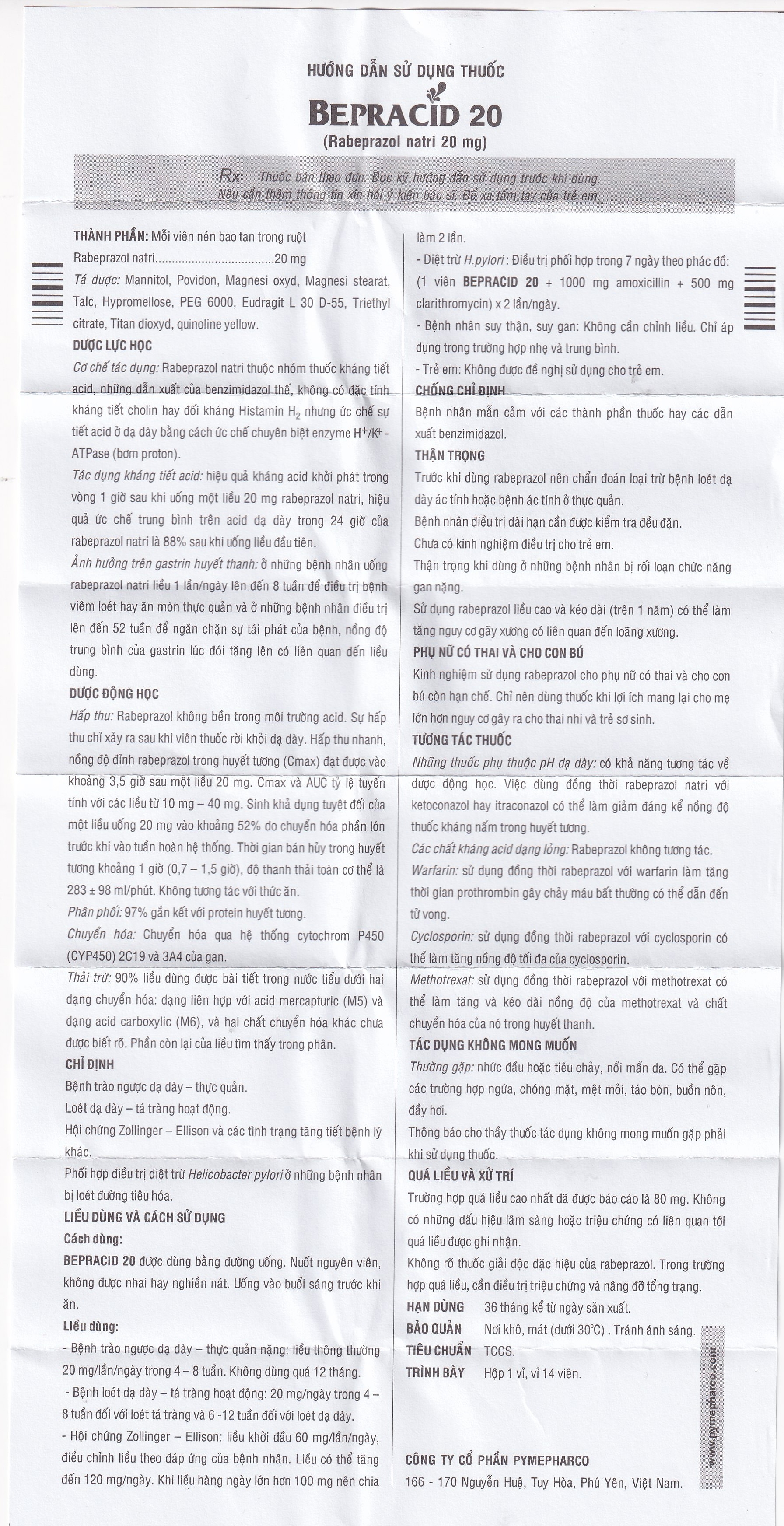 Hình ảnh Thuốc Bepracid 20mg Pymepharco điều trị trào ngược dạ dày – thực quản, loét dạ dày - tá tràng (1 vỉ x 14 viên)