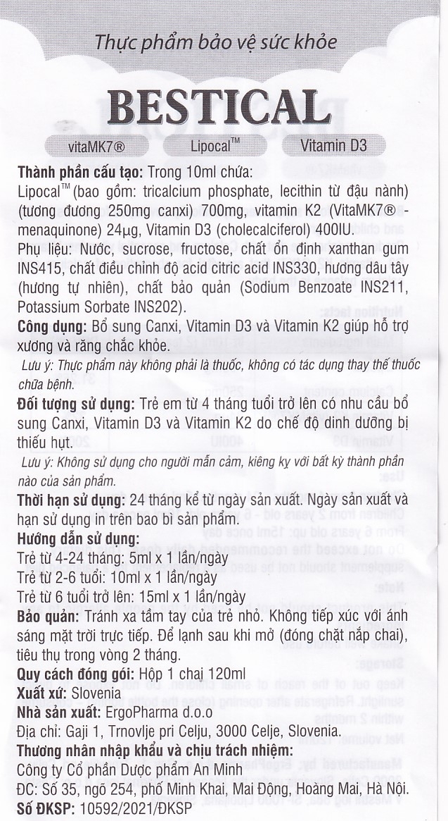 Hình ảnh Dung dịch Bestical 120ml Ergo Pharma bổ sung canxi, vitamin D3 và vitamin K2