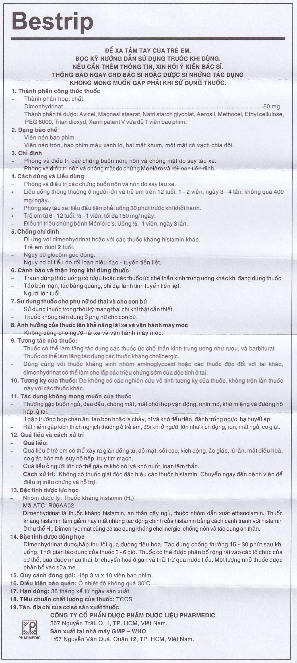 Hình ảnh Thuốc Bestrip 50mg Pharmedic phòng và điều trị các chứng buồn nôn do say tàu xe (3 vỉ x 10 viên)