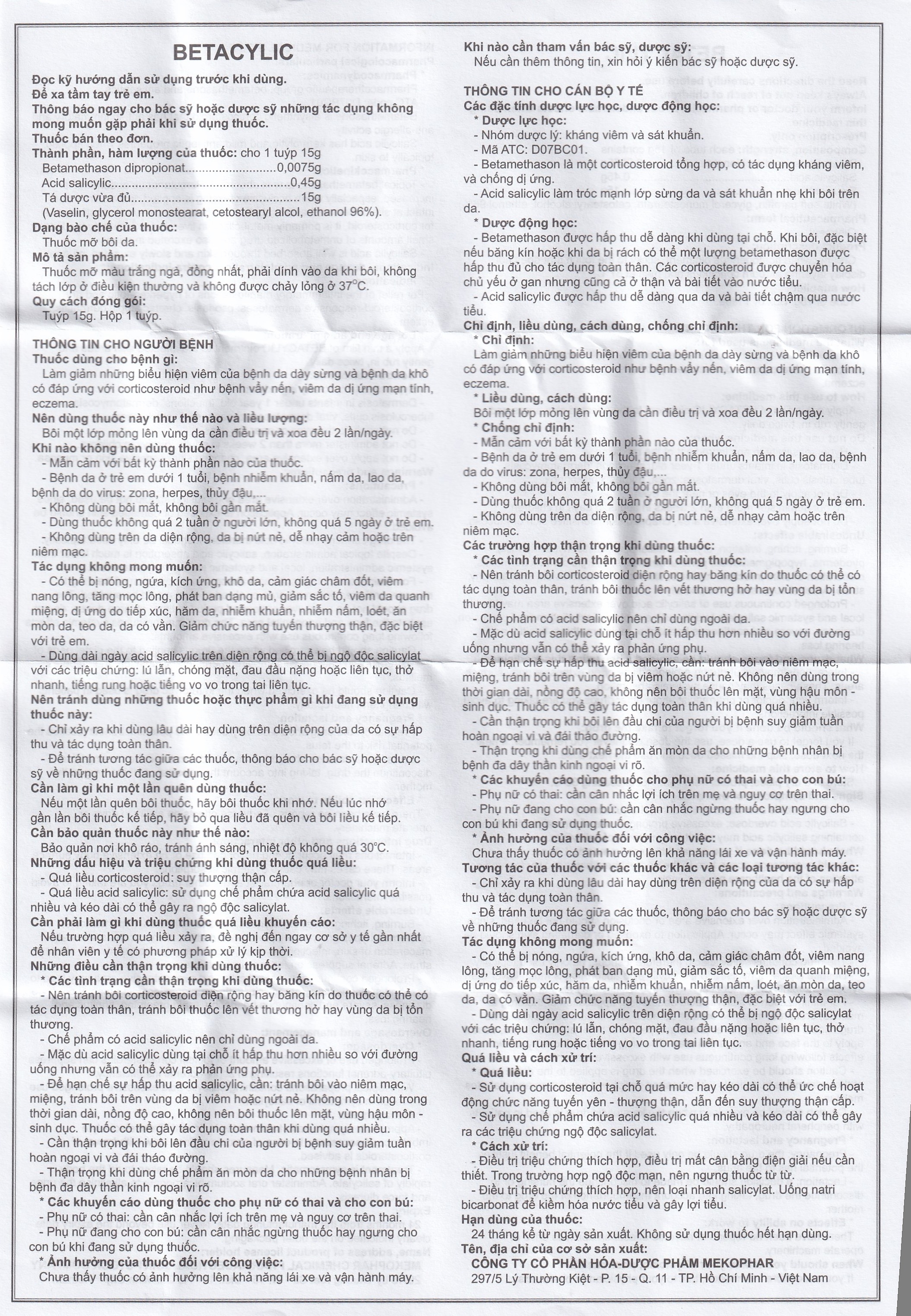 Hình ảnh Thuốc mỡ bôi da Betacylic Mekophar điều trị bệnh vẩy nến, vảy da dầu (15g)