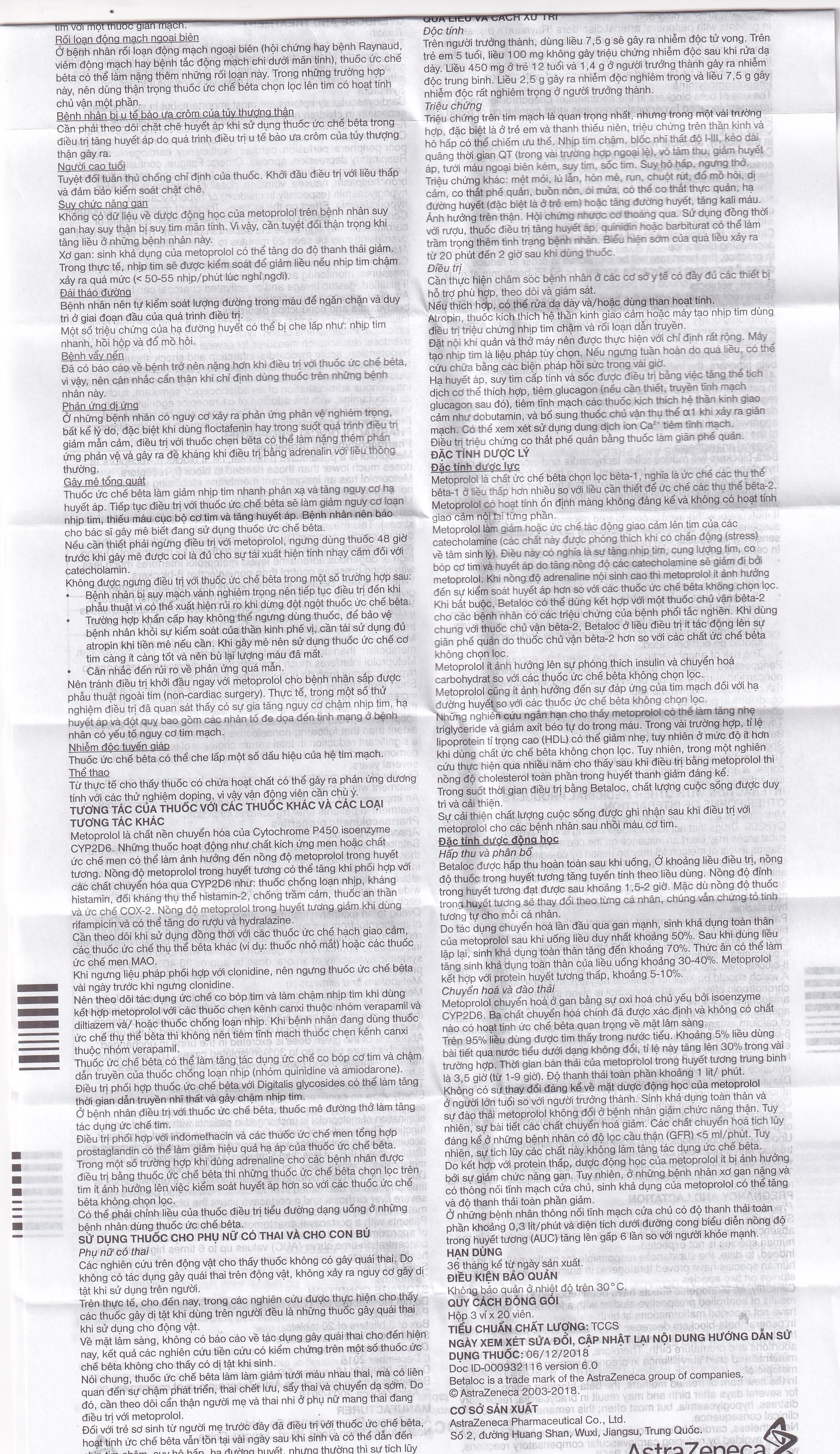 Hình ảnh Thuốc Betaloc 50mg AstraZeneca điều trị tăng huyết áp, dự phòng đau thắt ngực (3 vỉ x 20 viên) 