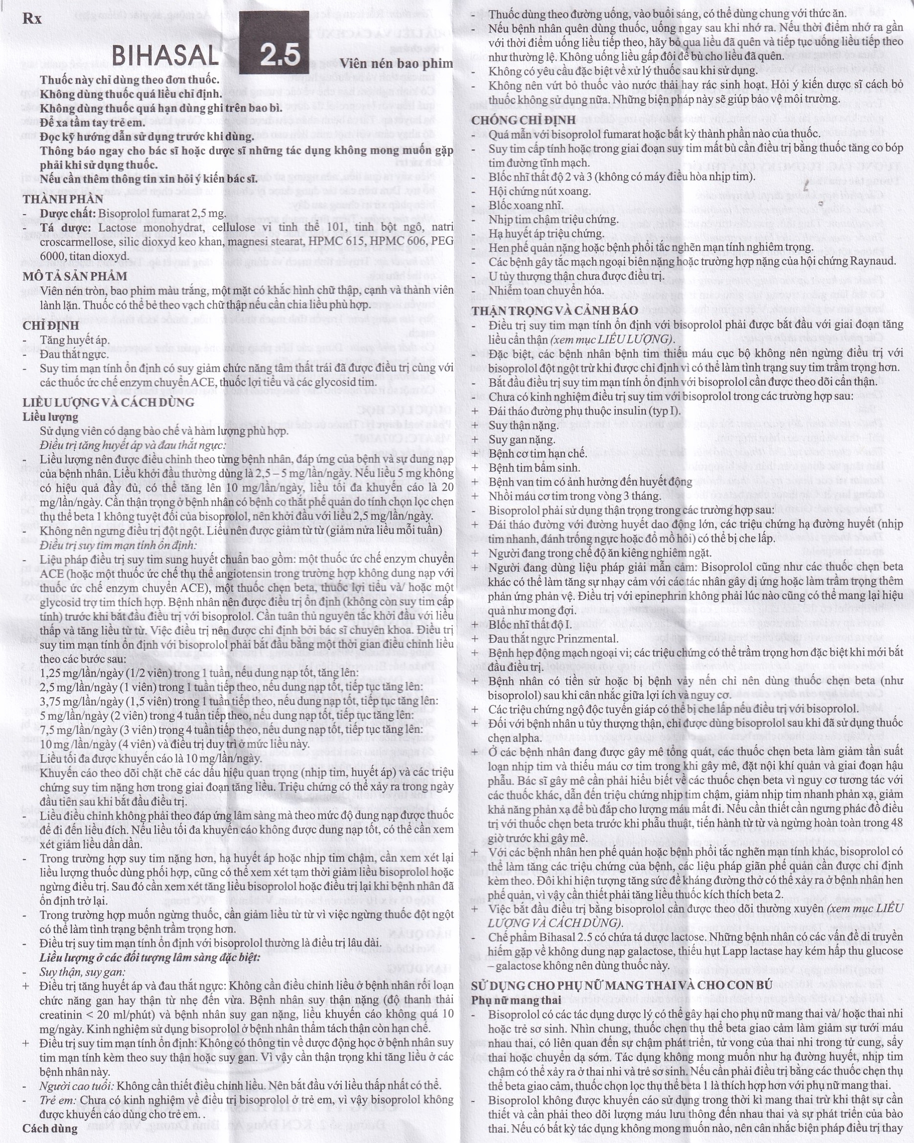 Hình ảnh Thuốc Bihasal 2.5 Hasan điều trị tăng huyết áp, đau thắt ngực, suy tim mạn tính ổn định (5 vỉ x 10 viên)