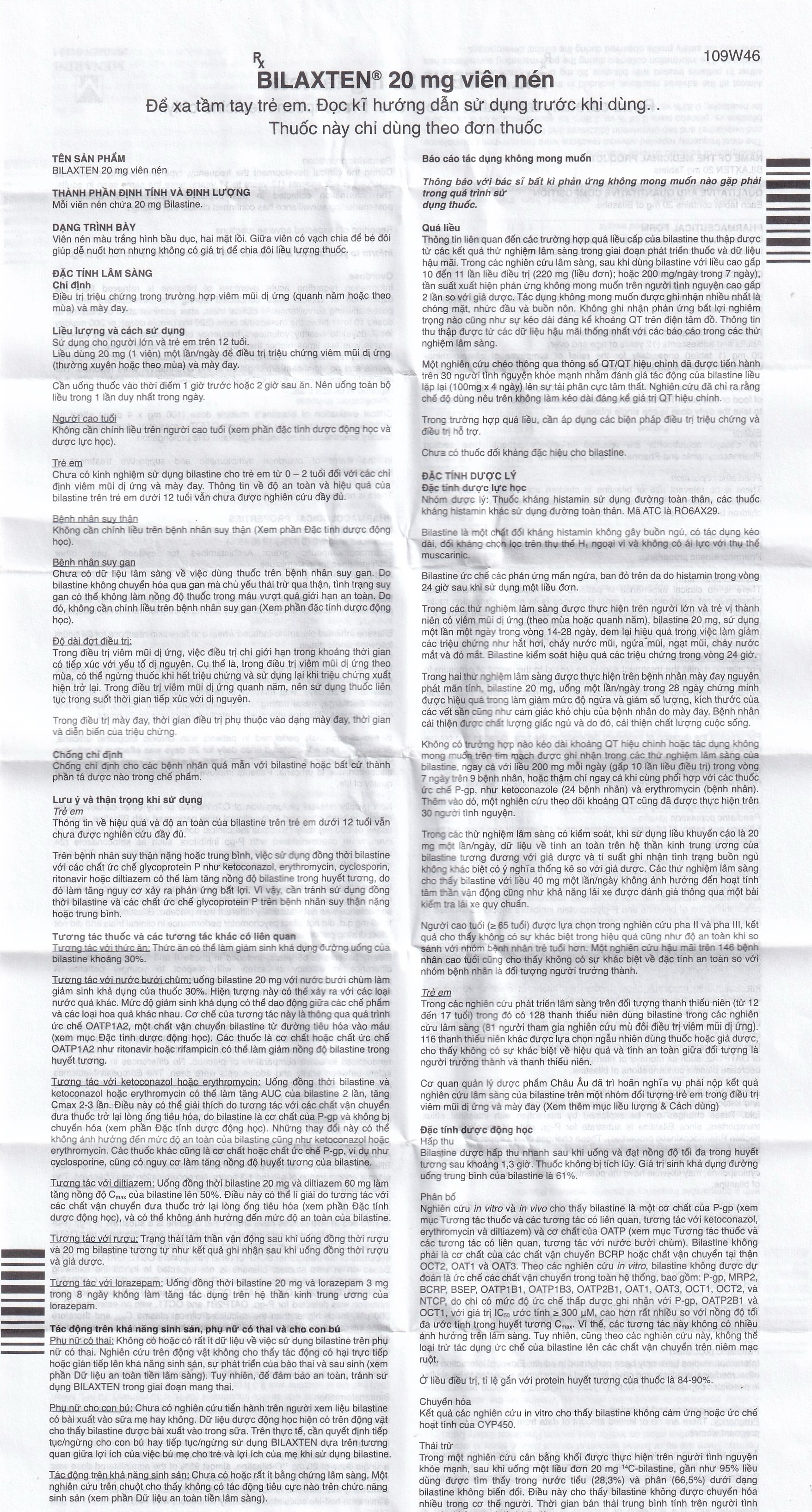 Hình ảnh Thuốc Bilaxten 20mg Menarini điều trị viêm mũi dị ứng quanh năm hoặc theo mùa và mày đay (5 vỉ x 10 viên)