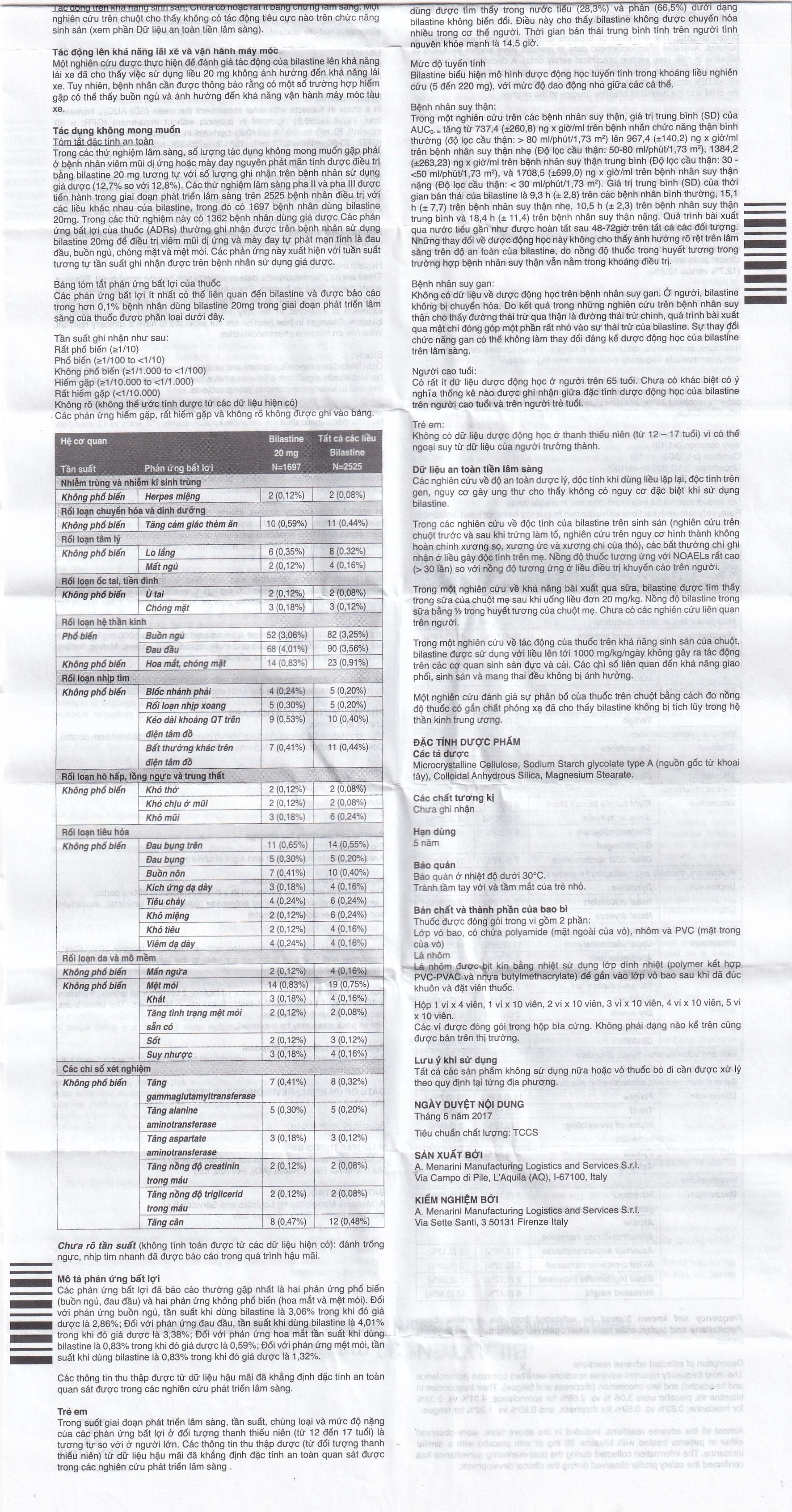 Hình ảnh Thuốc Bilaxten 20mg Menarini điều trị viêm mũi dị ứng quanh năm hoặc theo mùa và mày đay (5 vỉ x 10 viên)