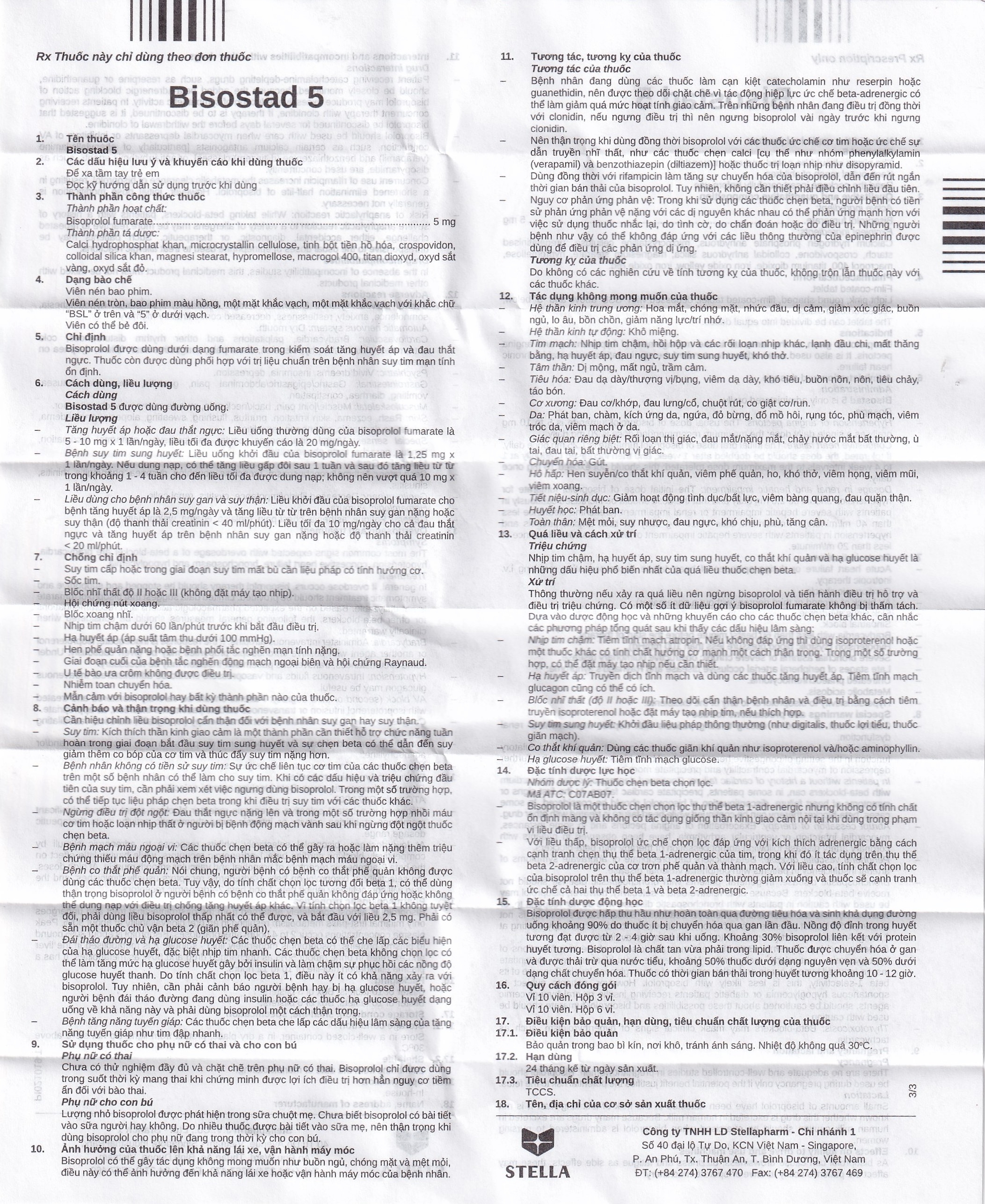 Hình ảnh Thuốc Bisostad 5 Stella điều trị tăng huyết áp và đau thắt ngực (3 vỉ x 10 viên)