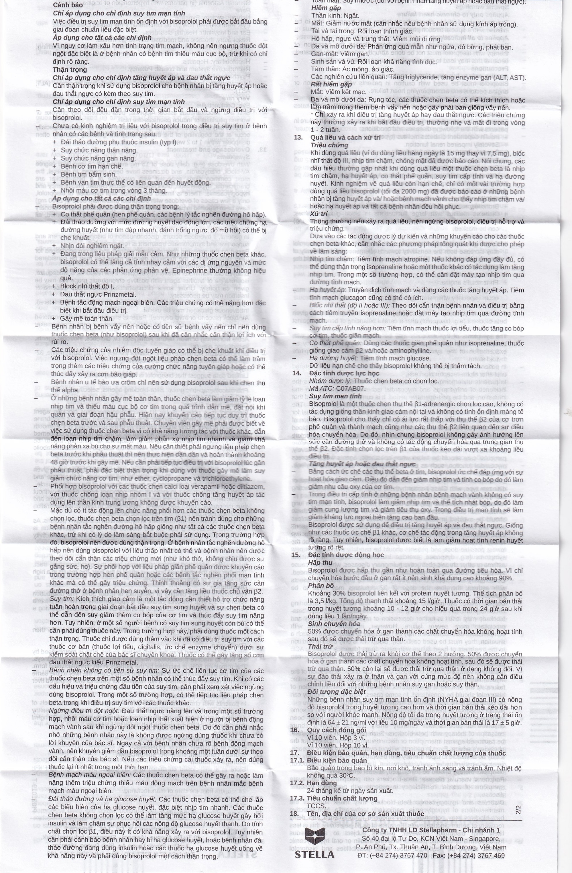 Hình ảnh Thuốc Bisoprolol 2.5mg Tablets Stella điều trị tăng huyết áp, đau thắt ngực mạn tính ổn định (3 vỉ x 10 viên)