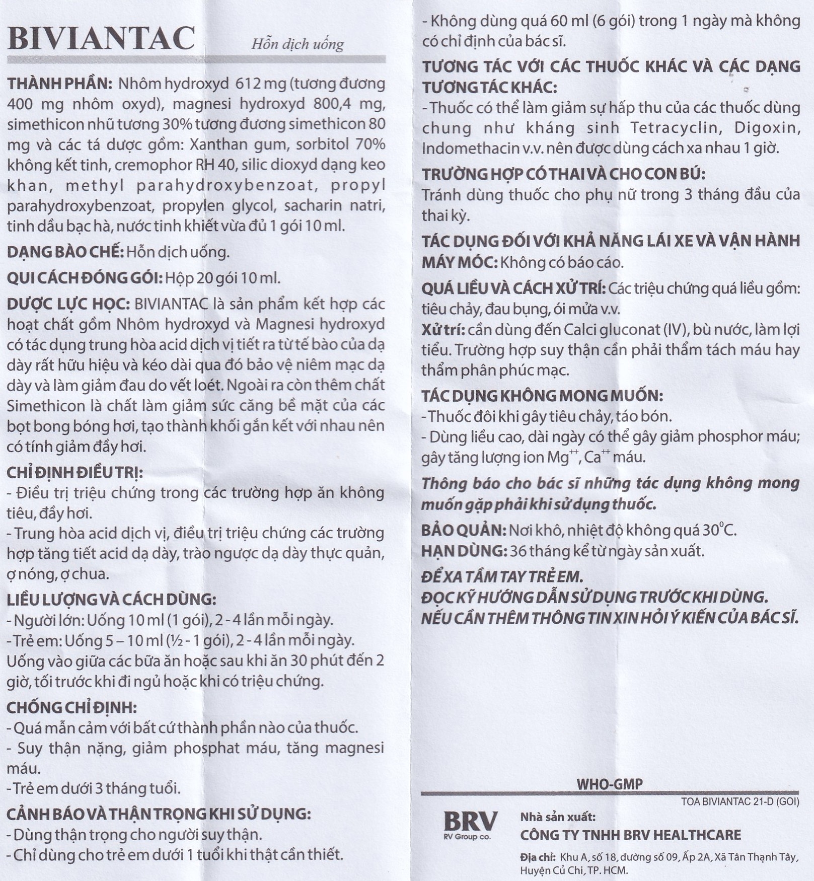 Hình ảnh Hỗn dịch uống Biviantac BRV điều trị triệu chứng ăn không tiêu, đầy hơi (20 gói x 10 ml)