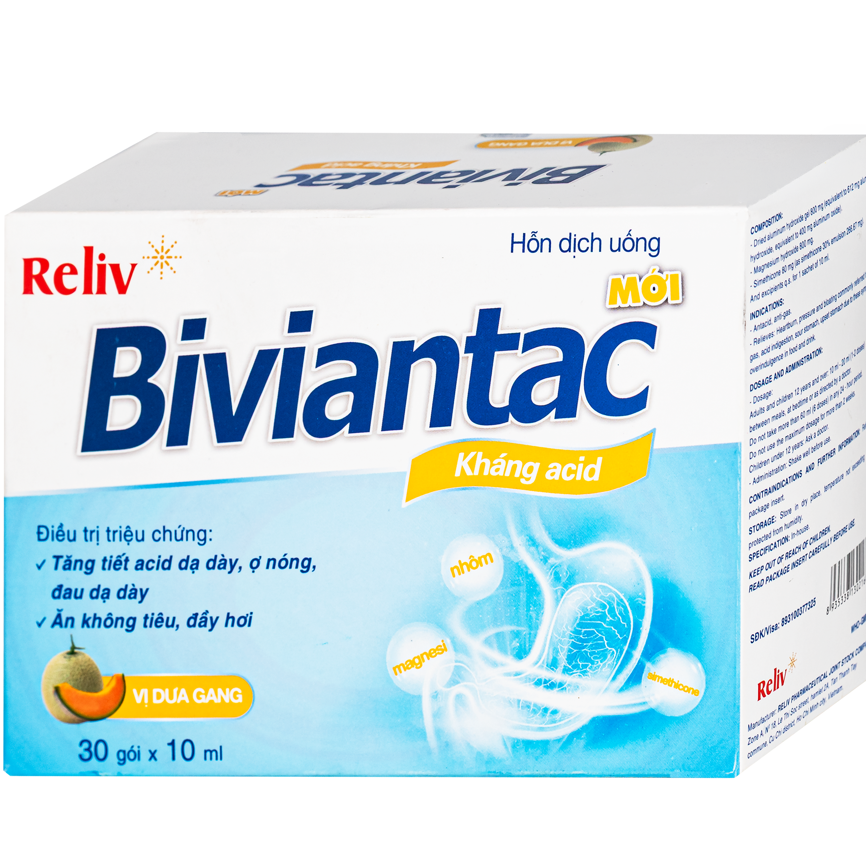 Hình ảnh Hỗn dịch uống Biviantac kháng acid vị dưa gang Reliv (30 gói x 10ml)
