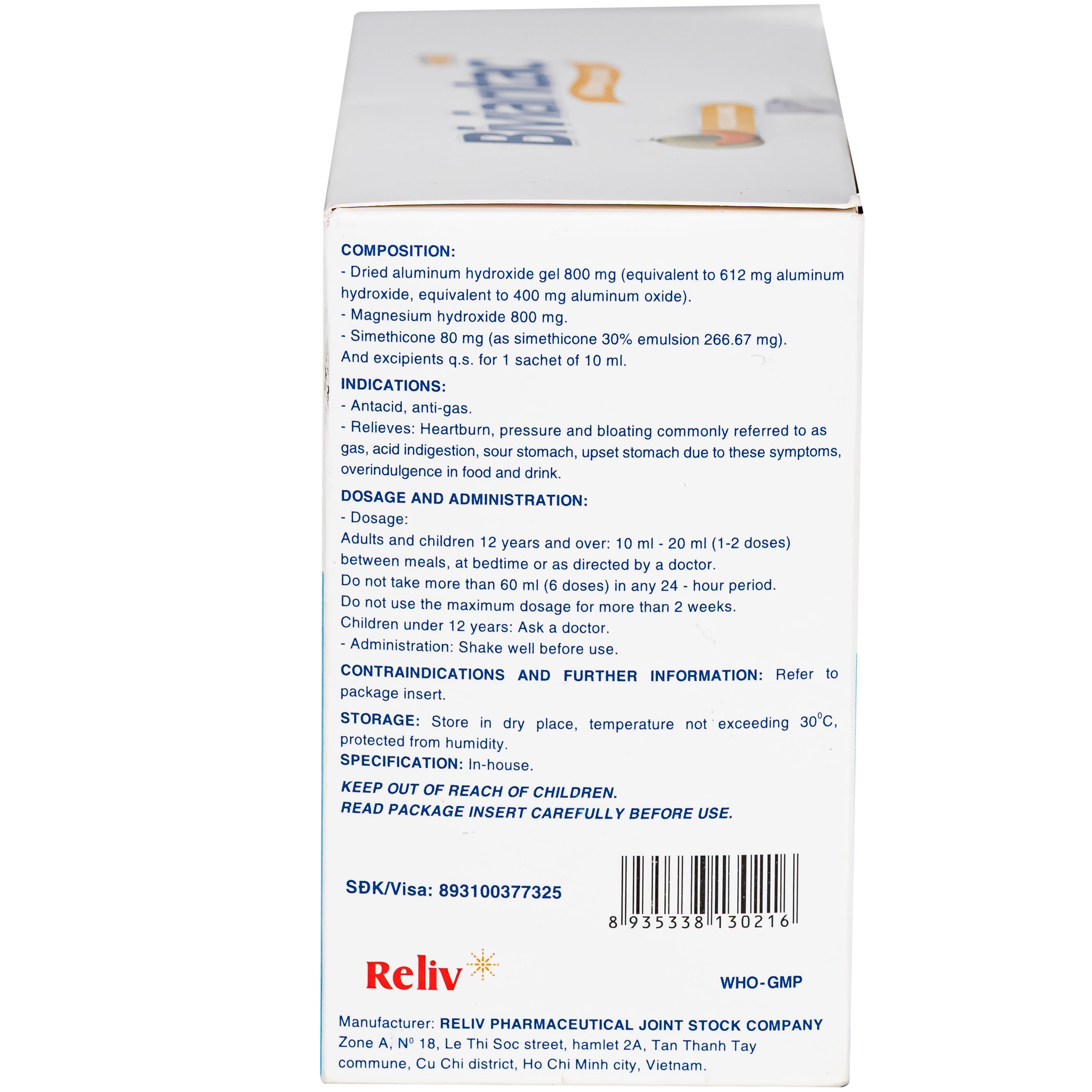 Hình ảnh Hỗn dịch uống Biviantac kháng acid vị dưa gang Reliv (30 gói x 10ml)