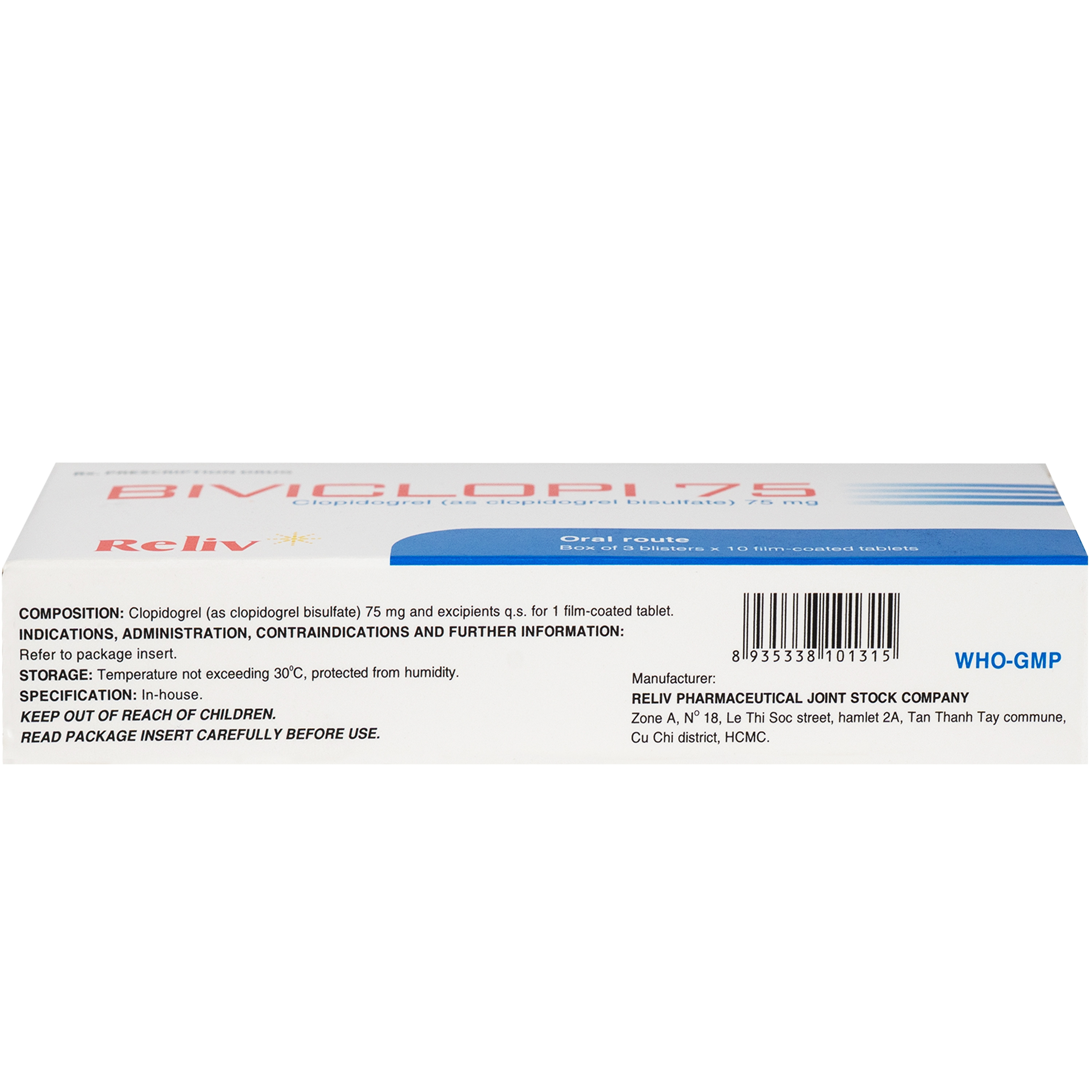 Hình ảnh Thuốc Biviclopi 75mg Reliv chỉ định để dự phòng và giảm nguy cơ xuất hiện các biến cố do xơ vữa động mạch hoặc thuyên tắc huyết khối (3 vỉ x 10 viên)