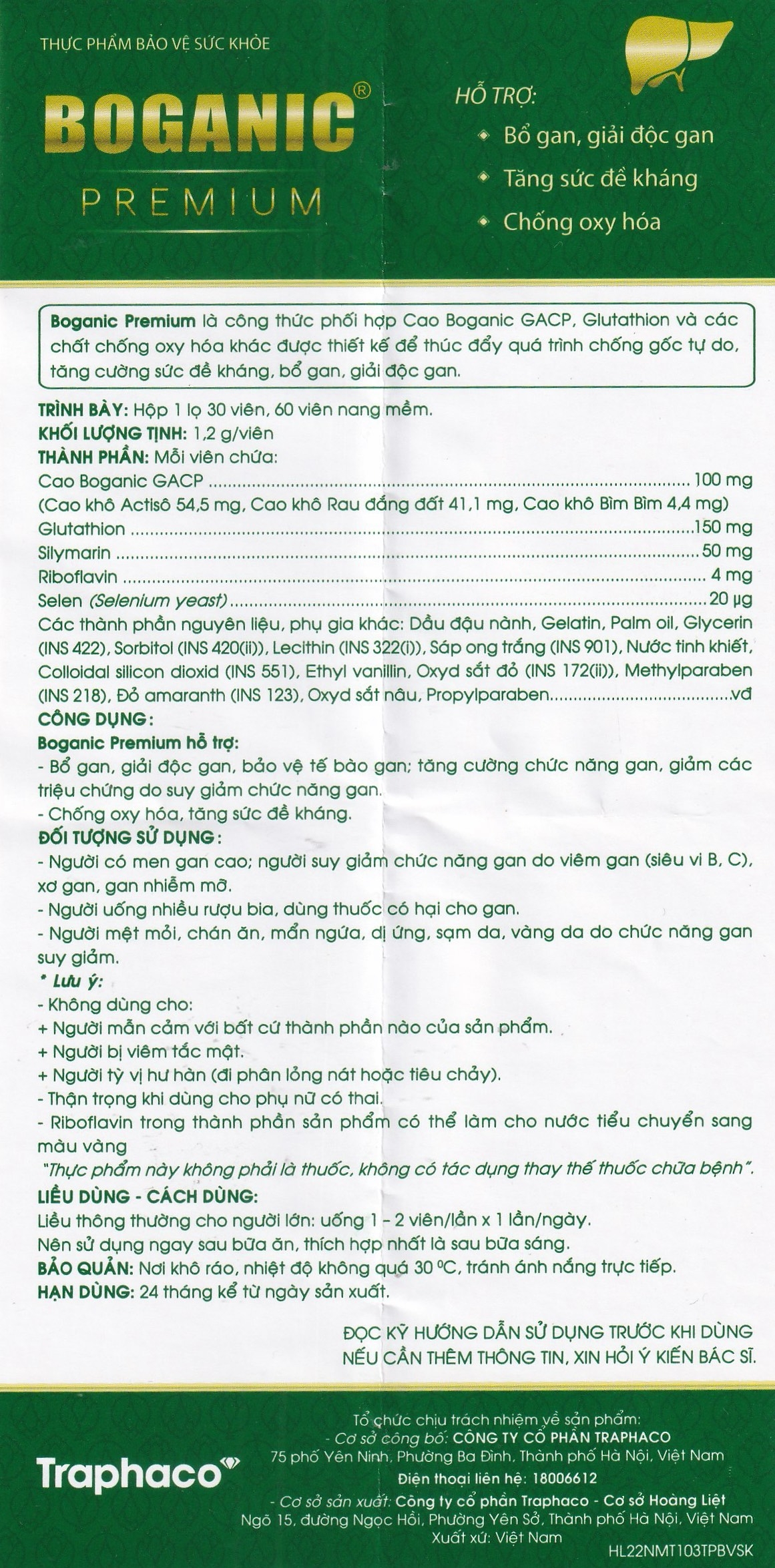 Hình ảnh Viên uống hỗ trợ bổ gan, giải độc gan, bảo vệ tế bào gan, tăng cường chức năng gan Boganic Premium Traphaco (60 viên)