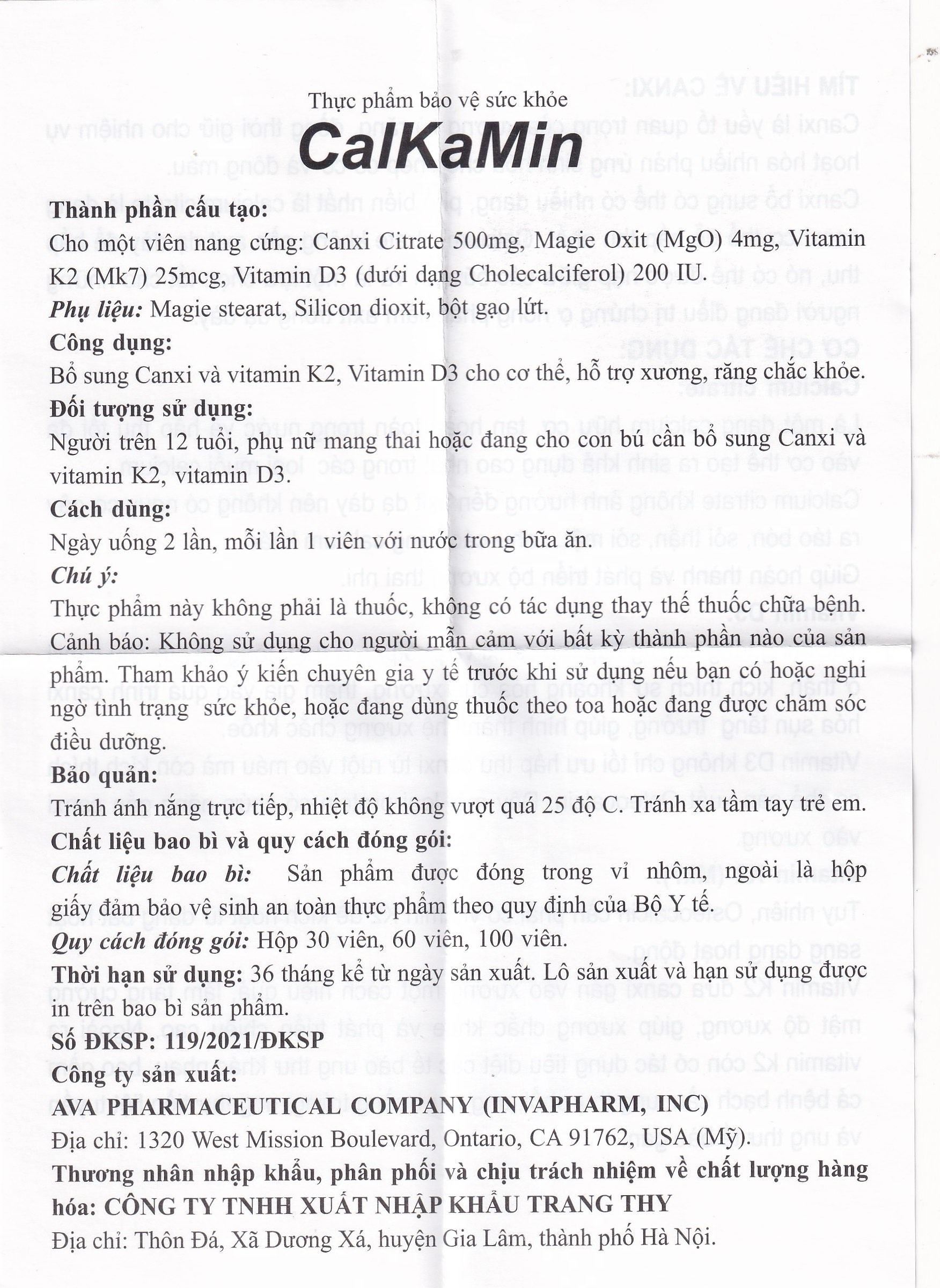 Hình ảnh Viên uống CalKaMin AVA Pharmaceutical bổ sung canxi và vitamin K2, vitamin D3 cho cơ thể