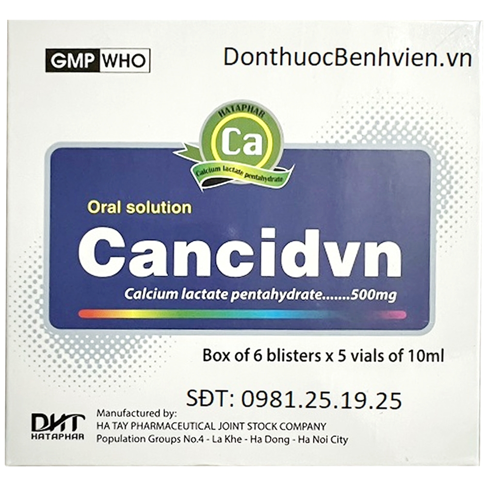Hình ảnh Dung dịch uống Cancidvn 500mg/10ml Hataphar bổ sung canxi (6 vỉ x 5 ống)