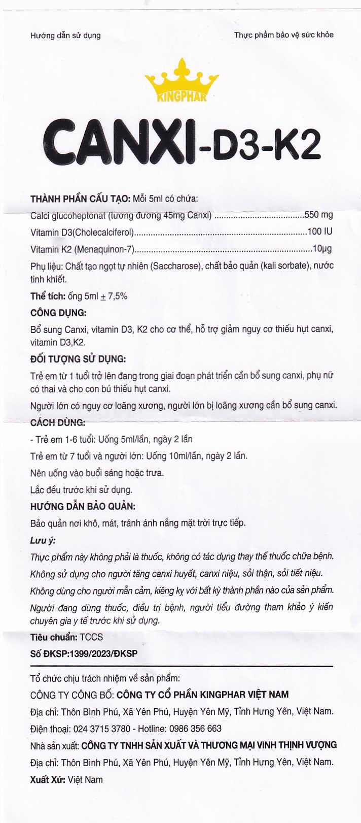 Hình ảnh Siro ống uống Canxi-D3-K2 5ml Kingphar bổ sung canxi & vitamin D3 cho cơ thể (6 vỉ x 5 ống)