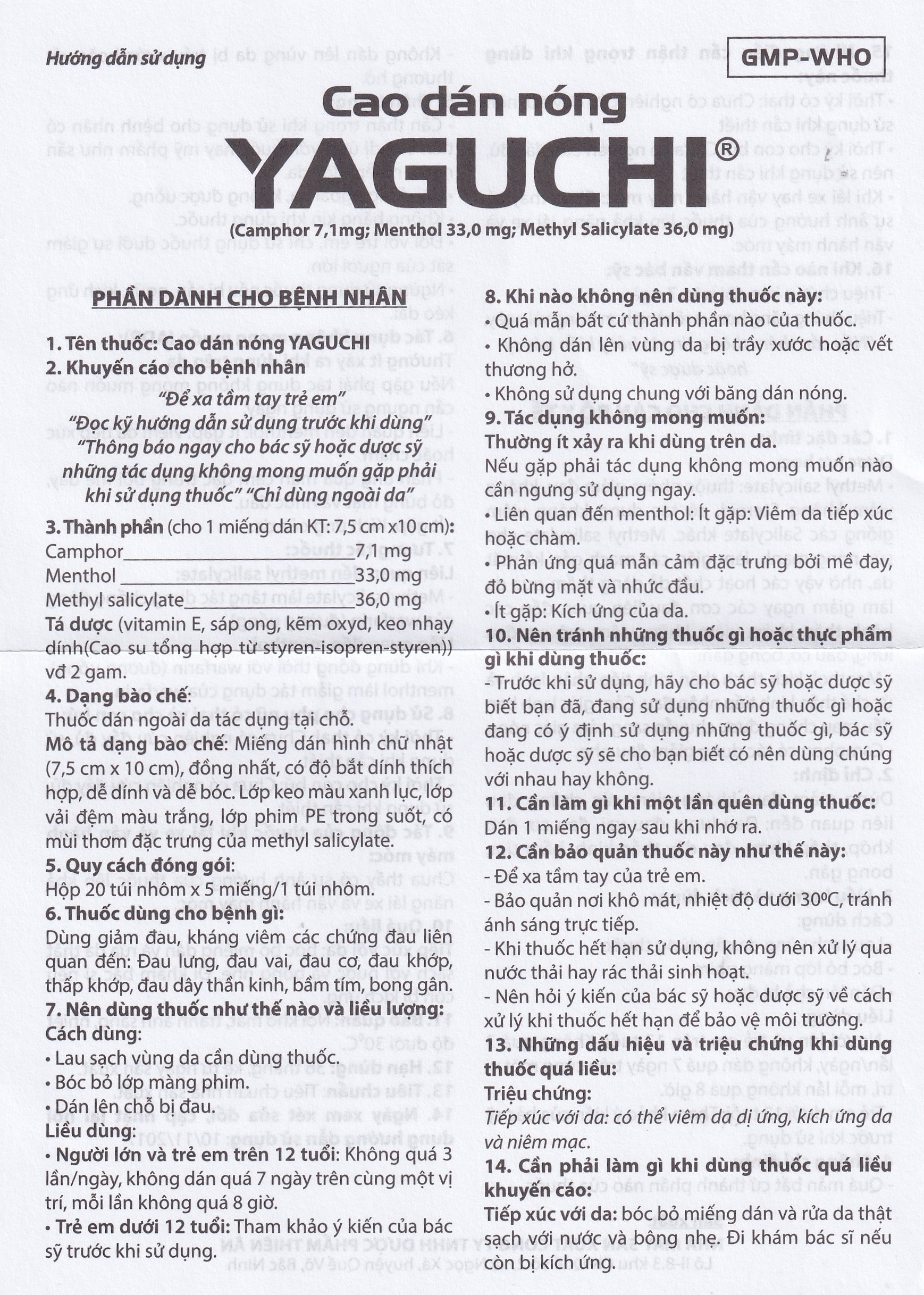 Hình ảnh Cao dán Yaguchi Tatra giảm đau, kháng viêm trong các cơn đau vai, đau lưng (5 miếng)