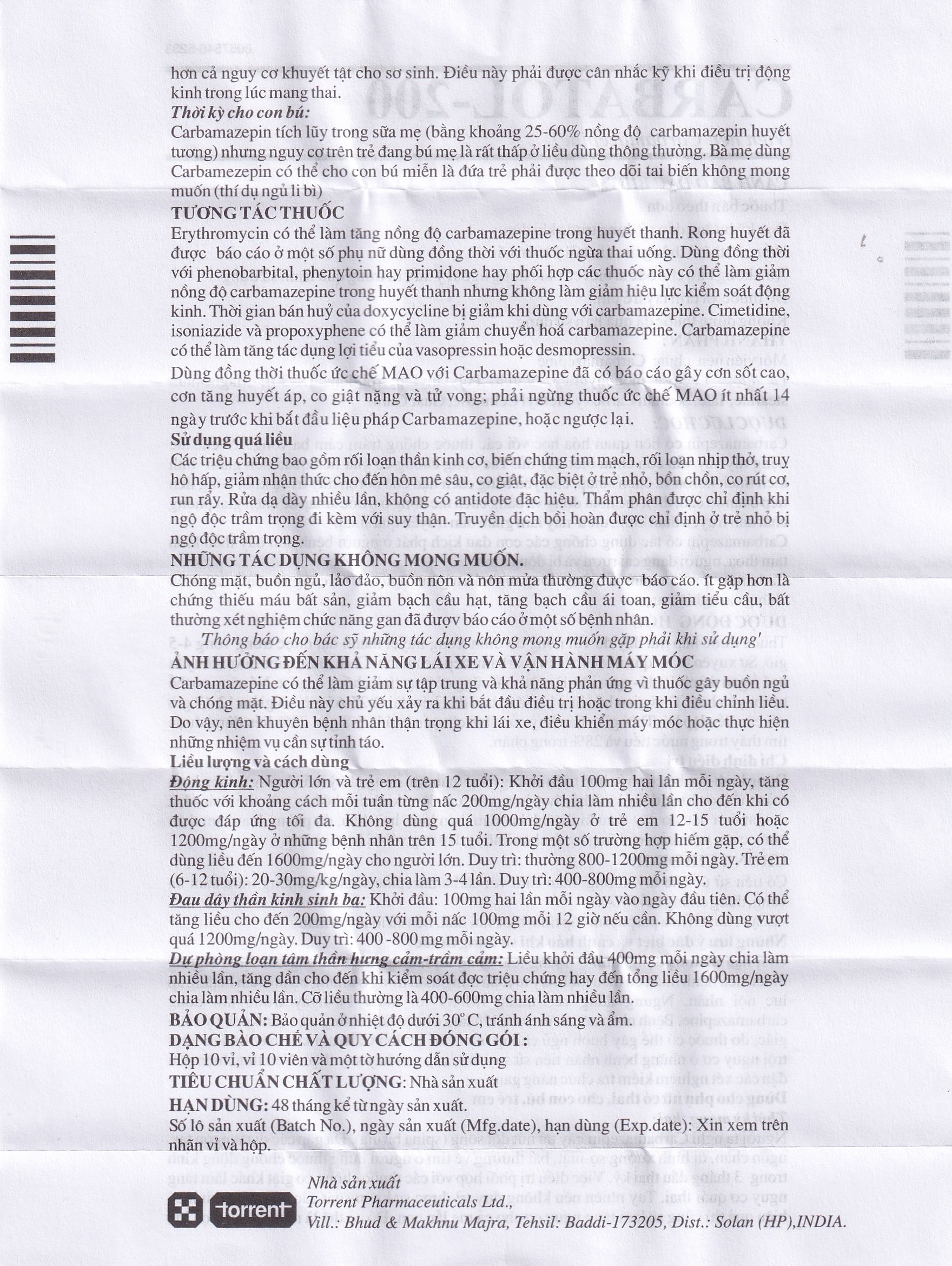 Hình ảnh Thuốc Carbatol 200 Torrent điều trị bệnh động kinh cục bộ (10 vỉ x 10 viên)