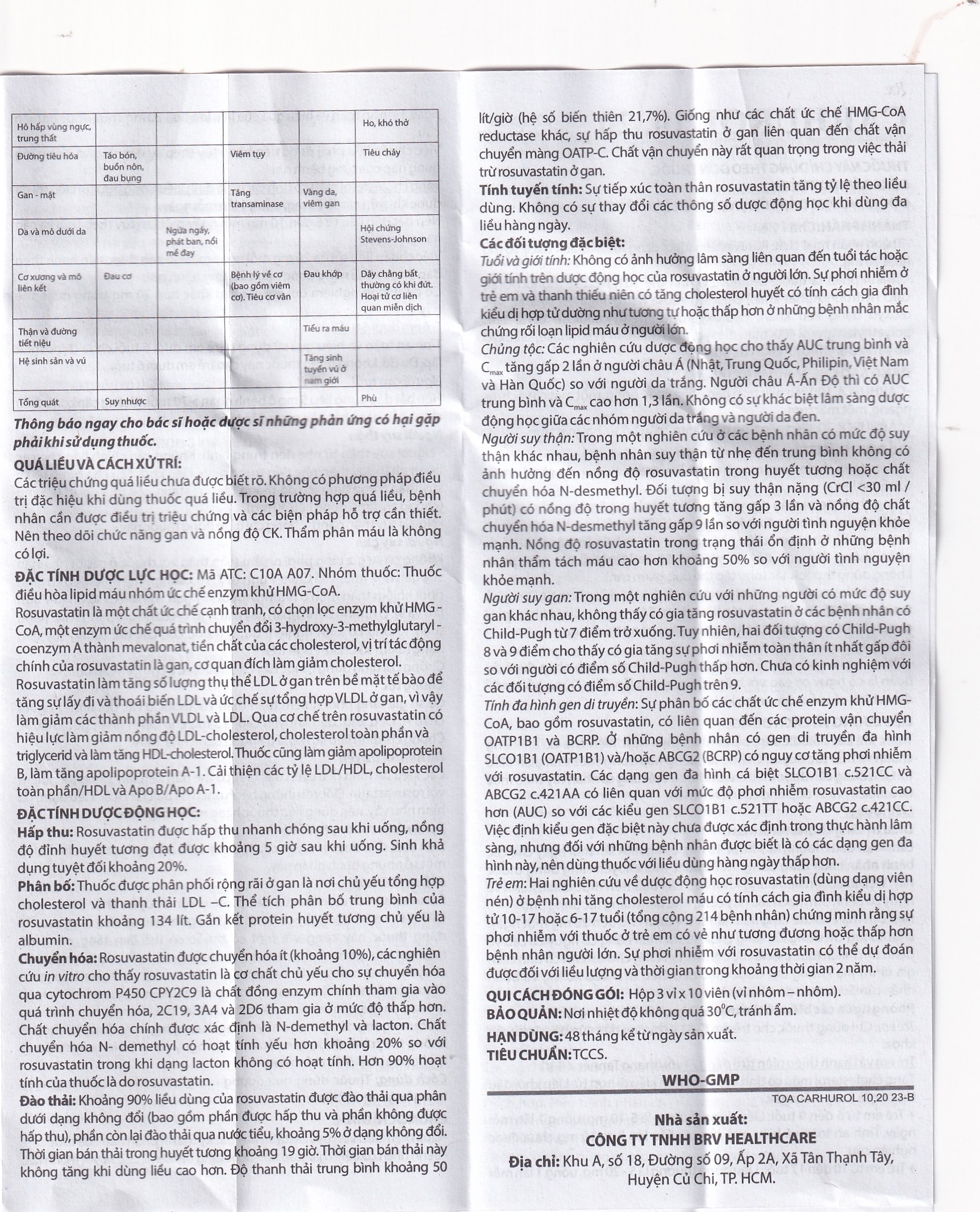 Hình ảnh Thuốc Carhurol 10 BRV điều trị tăng cholesterol máu (3 vỉ x 10 viên)