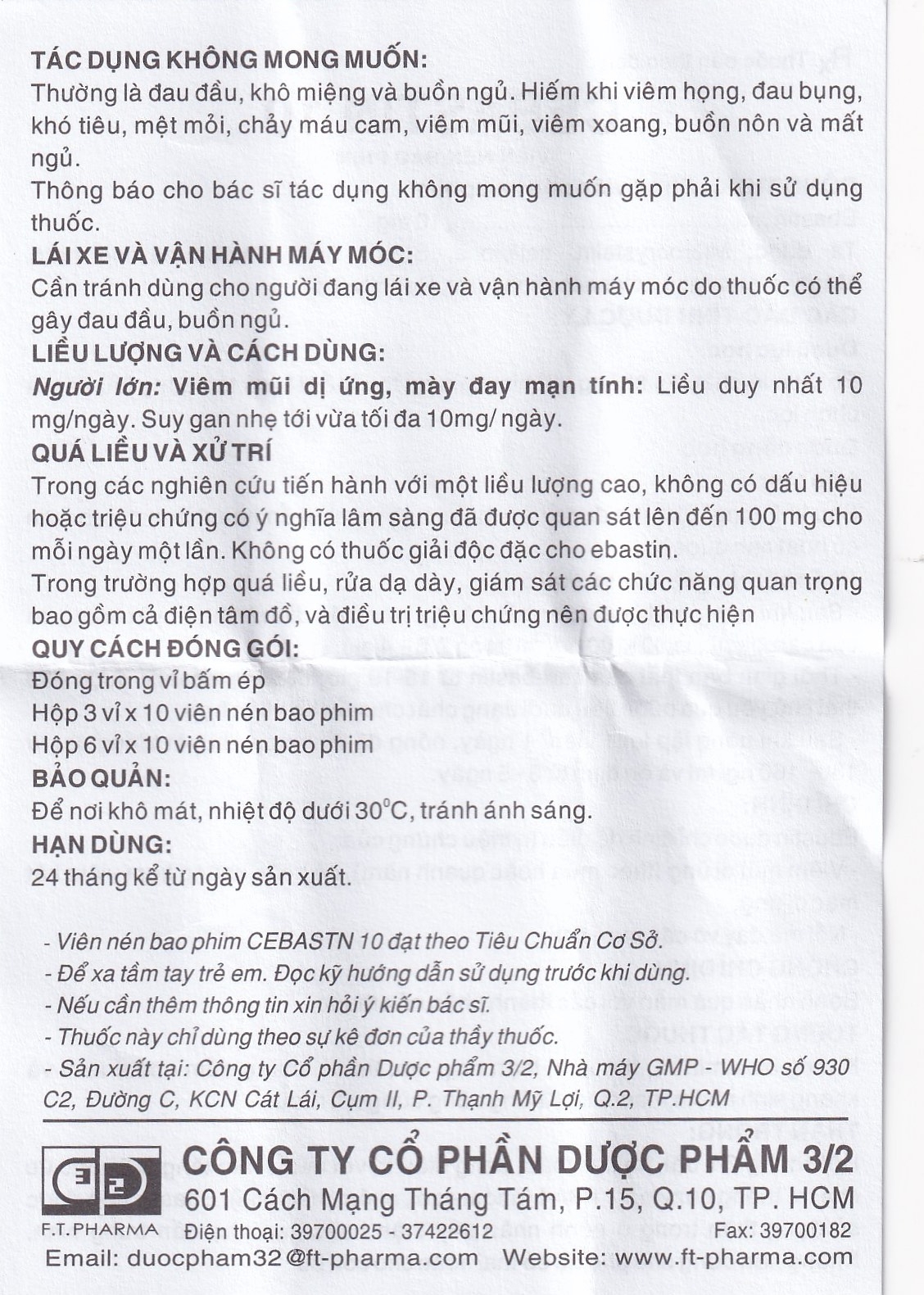 Hình ảnh Thuốc Cebastin10 Dược 3-2 điều trị viêm mũi dị ứng, mày đay (3 vỉ x 10 viên)