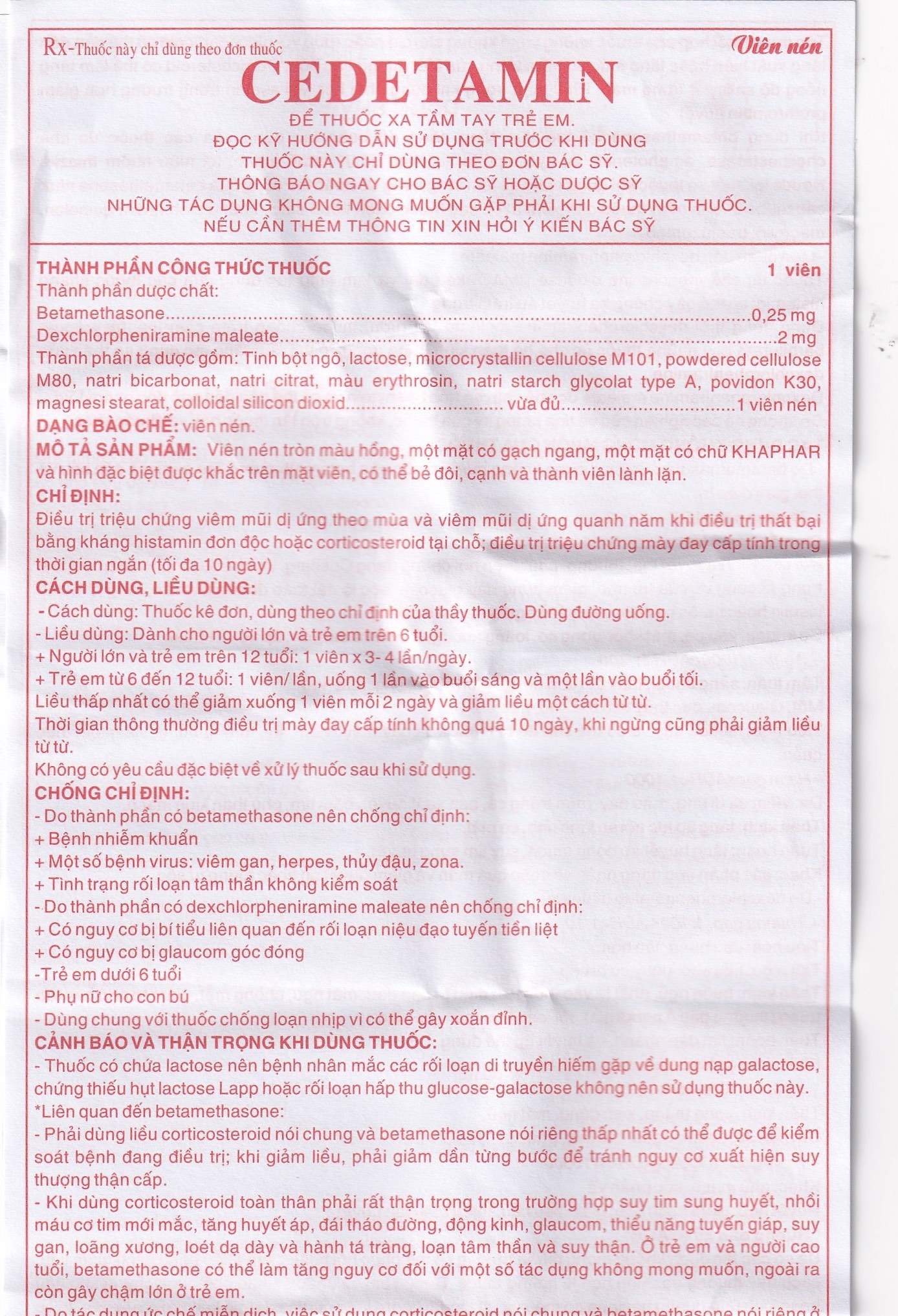 Hình ảnh Thuốc Cedetamin Khapharco điều trị viêm mũi dị ứng, mày đay (2 vỉ x 15 viên)
