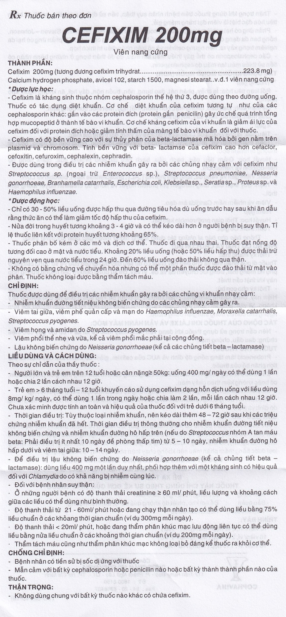 Hình ảnh Thuốc Cefixim 200mg Cophavina điều trị nhiễm khuẩn (2 vỉ x 10 viên)