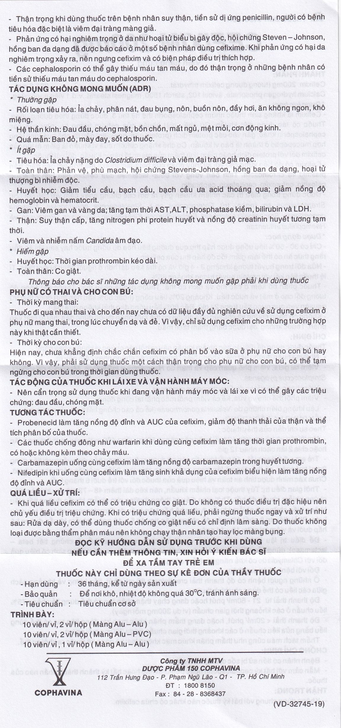 Hình ảnh Thuốc Cefixim 200mg Cophavina điều trị nhiễm khuẩn (2 vỉ x 10 viên)