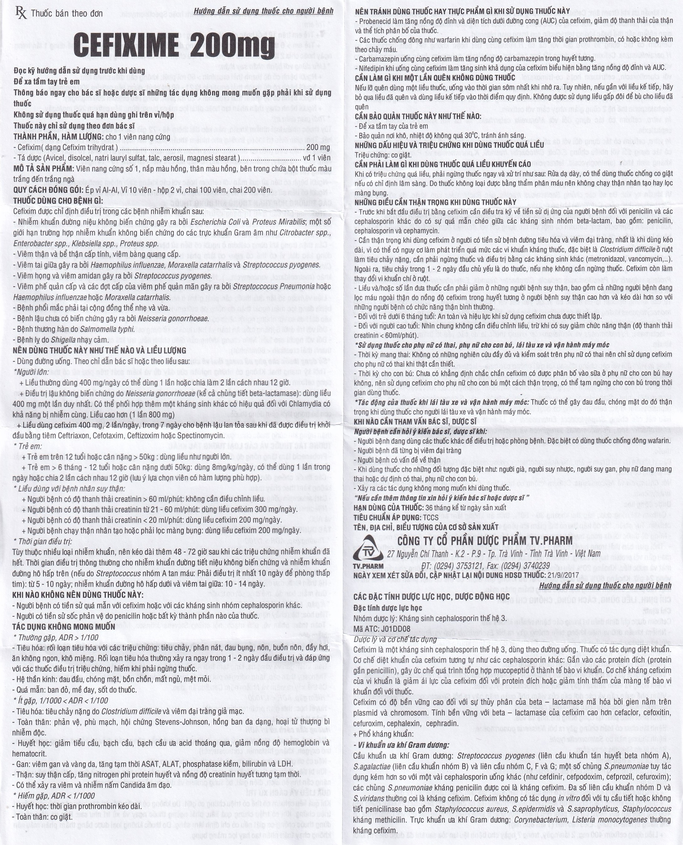 Hình ảnh Thuốc Cefixime 200mg Tv.Pharma điều trị các bệnh nhiễm khuẩn đường niệu, viêm thận (2 vỉ x 10 viên)