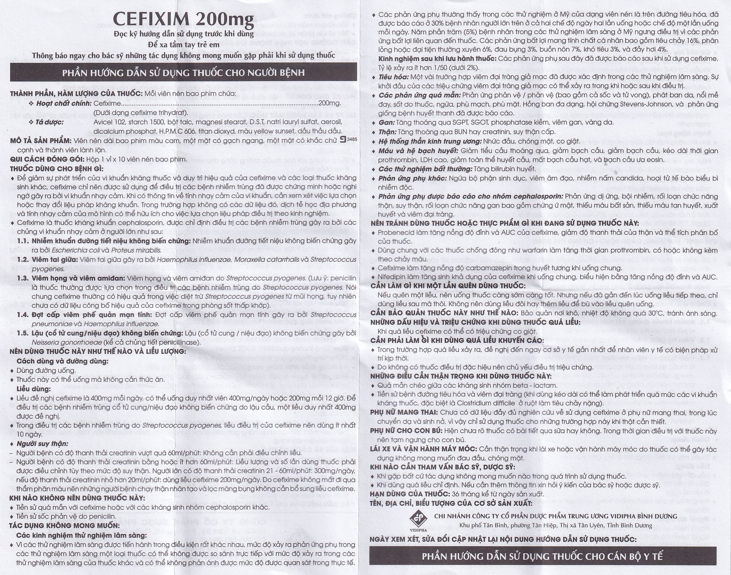 Hình ảnh Thuốc Cefixim 200mg Vidipha điều trị nhiễm khuẩn (1 vỉ x 10 viên)