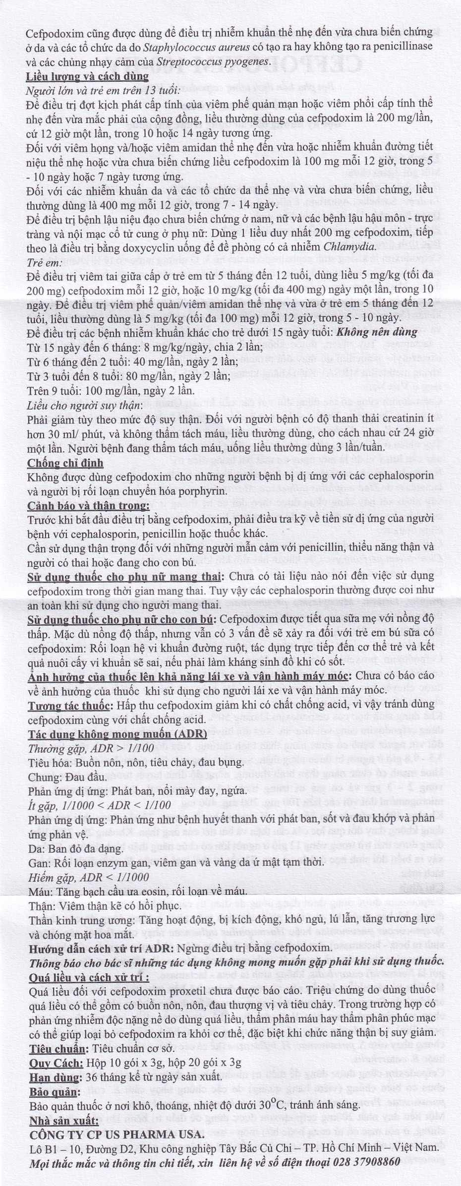 Hình ảnh Bột pha hỗn dịch uống Cefpodoxim 100-HV USP điều trị nhiễm khuẩn (10 gói x 3g)