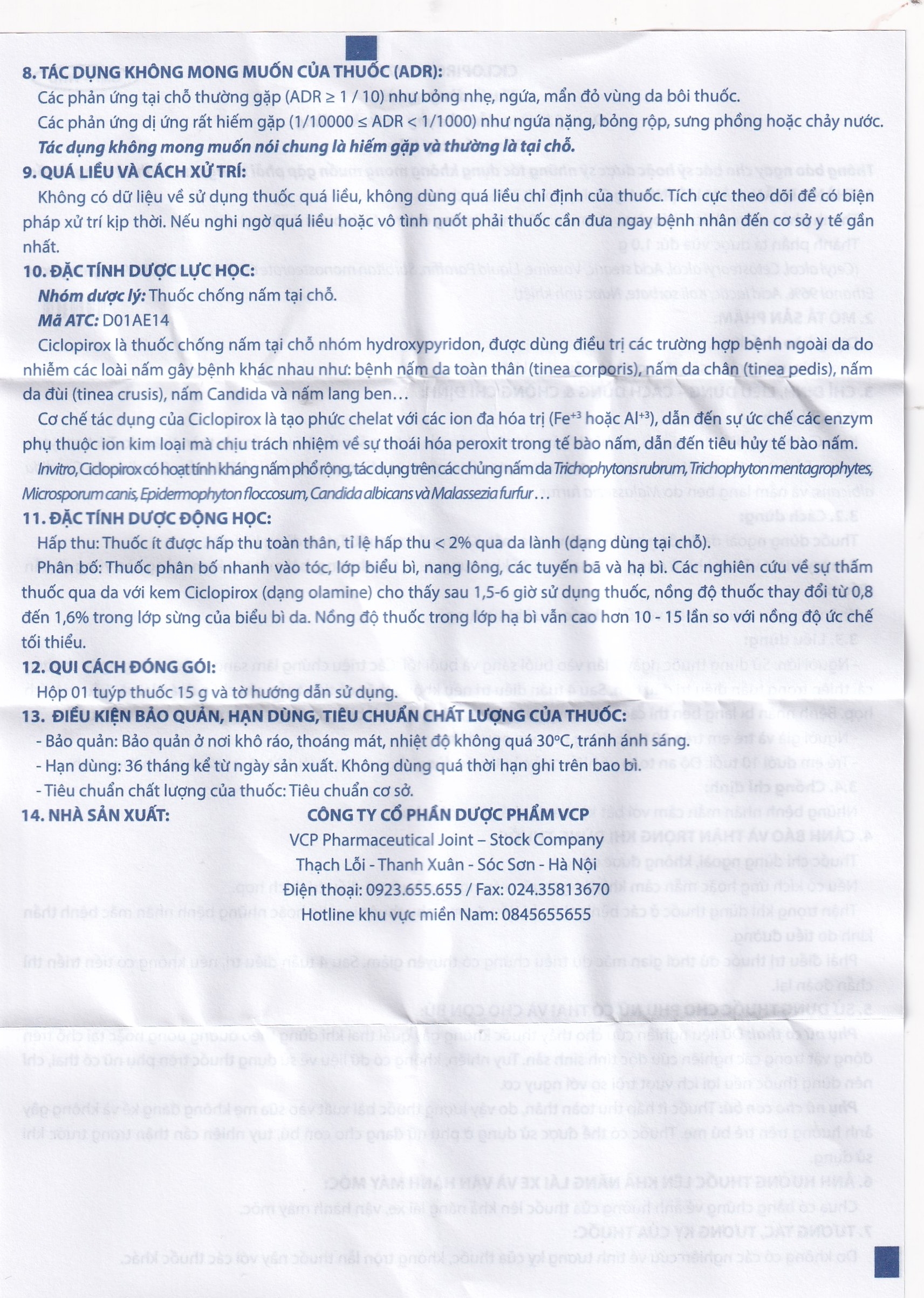 Hình ảnh Kem bôi da Ciclopirox 0,77% VCP điều trị nấm da chân, nấm da đùi và nấm da toàn thân (15g)