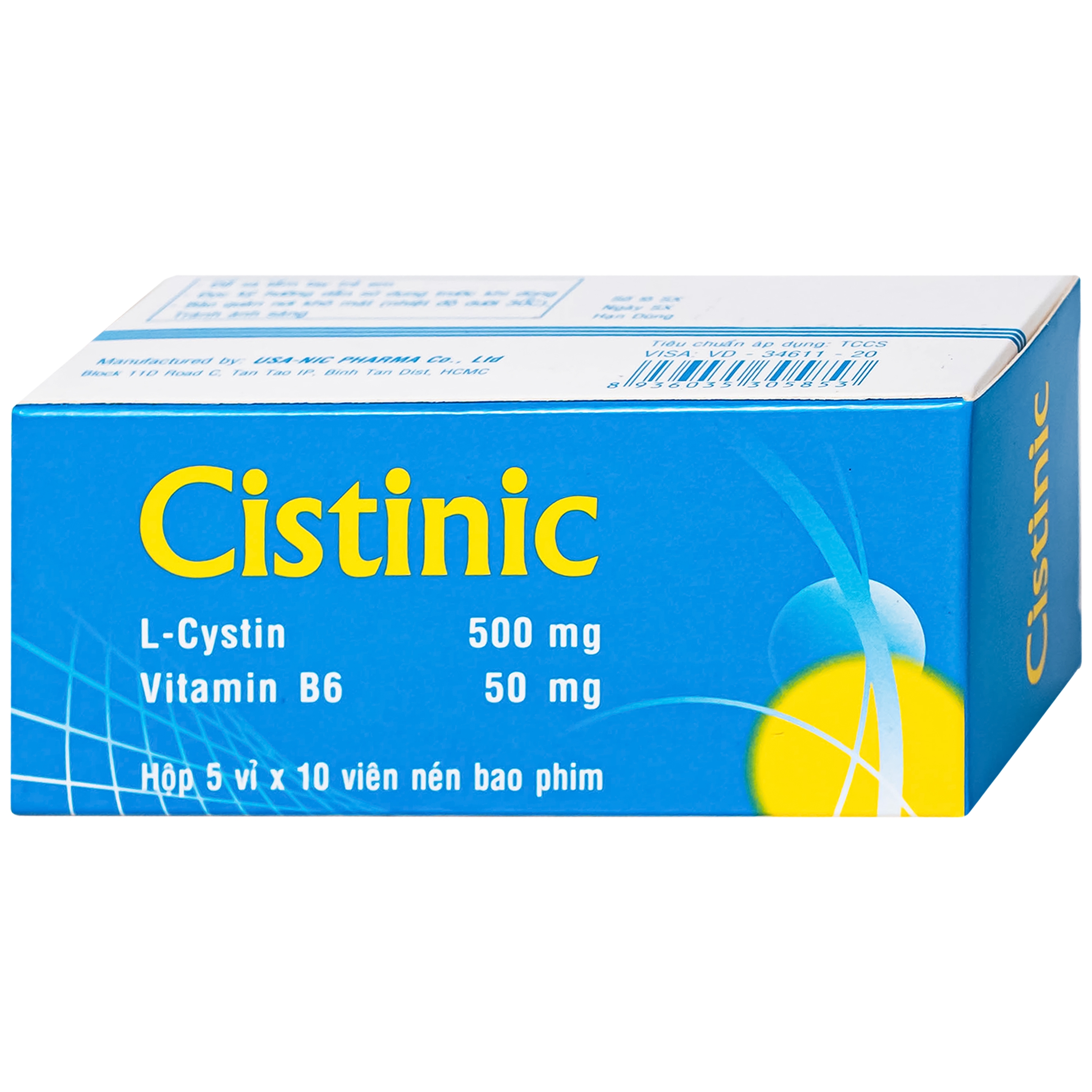 Hình ảnh Thuốc Cistinic 500/50mg Usa-Nic Pharma Điều trị bệnh lý liên quan đến tóc, loạn dưỡng móng, chậm liền sẹo giác mạc (5 vỉ x 10 viên)