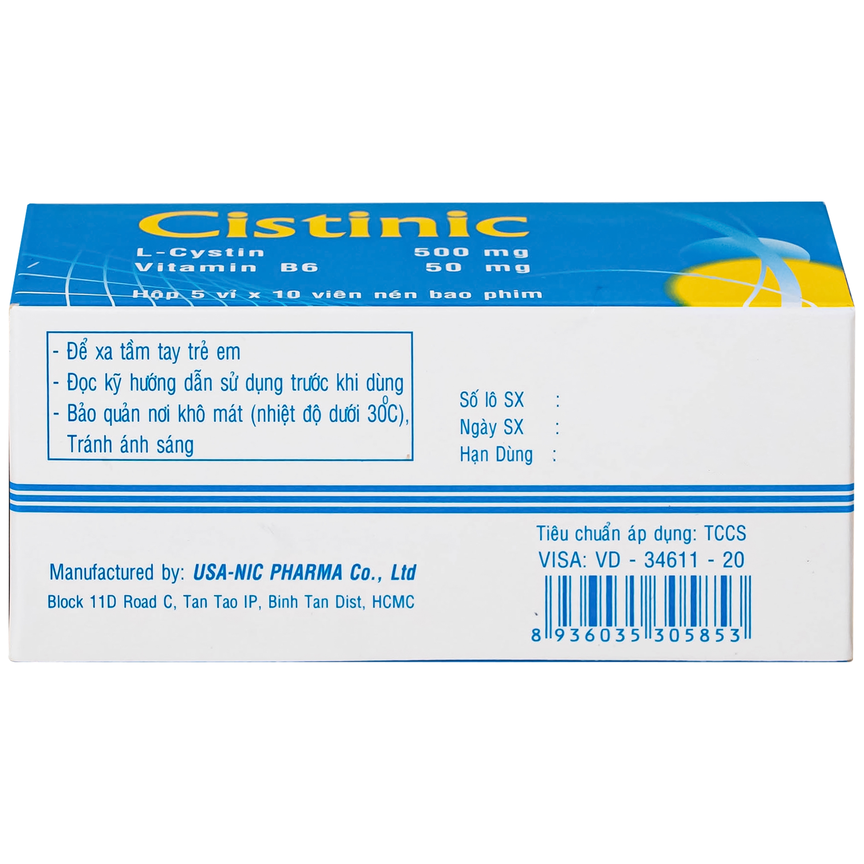 Hình ảnh Thuốc Cistinic 500/50mg Usa-Nic Pharma Điều trị bệnh lý liên quan đến tóc, loạn dưỡng móng, chậm liền sẹo giác mạc (5 vỉ x 10 viên)