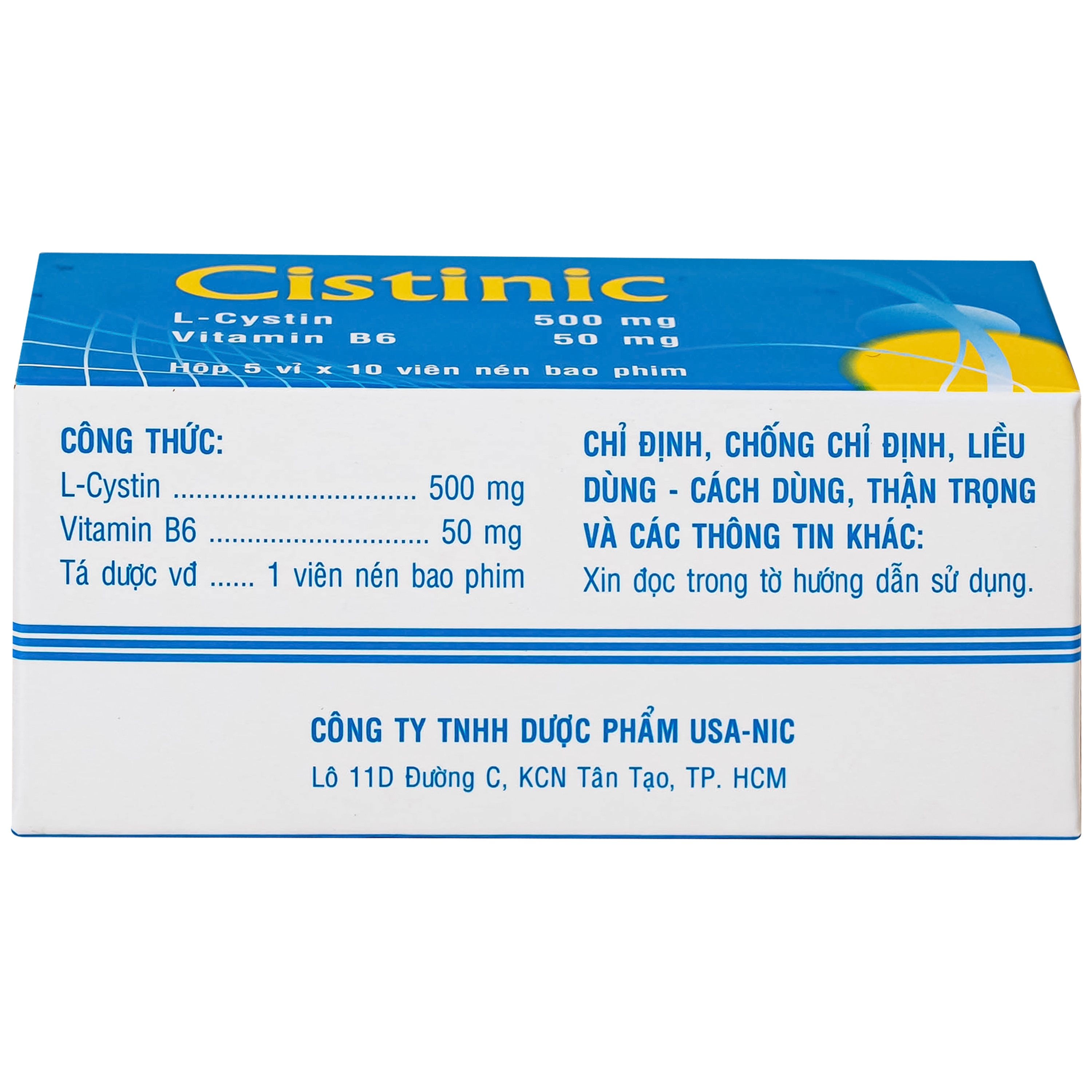 Hình ảnh Thuốc Cistinic 500/50mg Usa-Nic Pharma Điều trị bệnh lý liên quan đến tóc, loạn dưỡng móng, chậm liền sẹo giác mạc (5 vỉ x 10 viên)