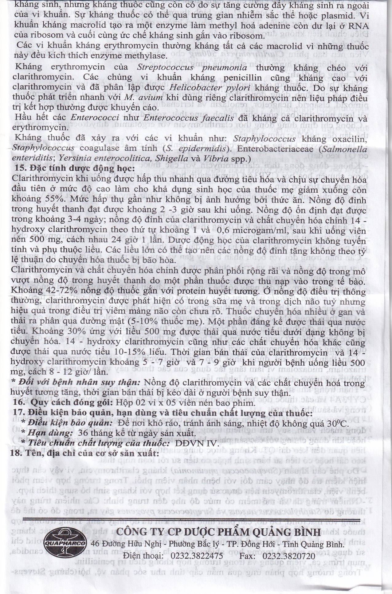 Hình ảnh Thuốc Clarithromycin 500mg Quapharco điều trị nhiễm khuẩn đường hô hấp (2 vỉ x 5 viên)