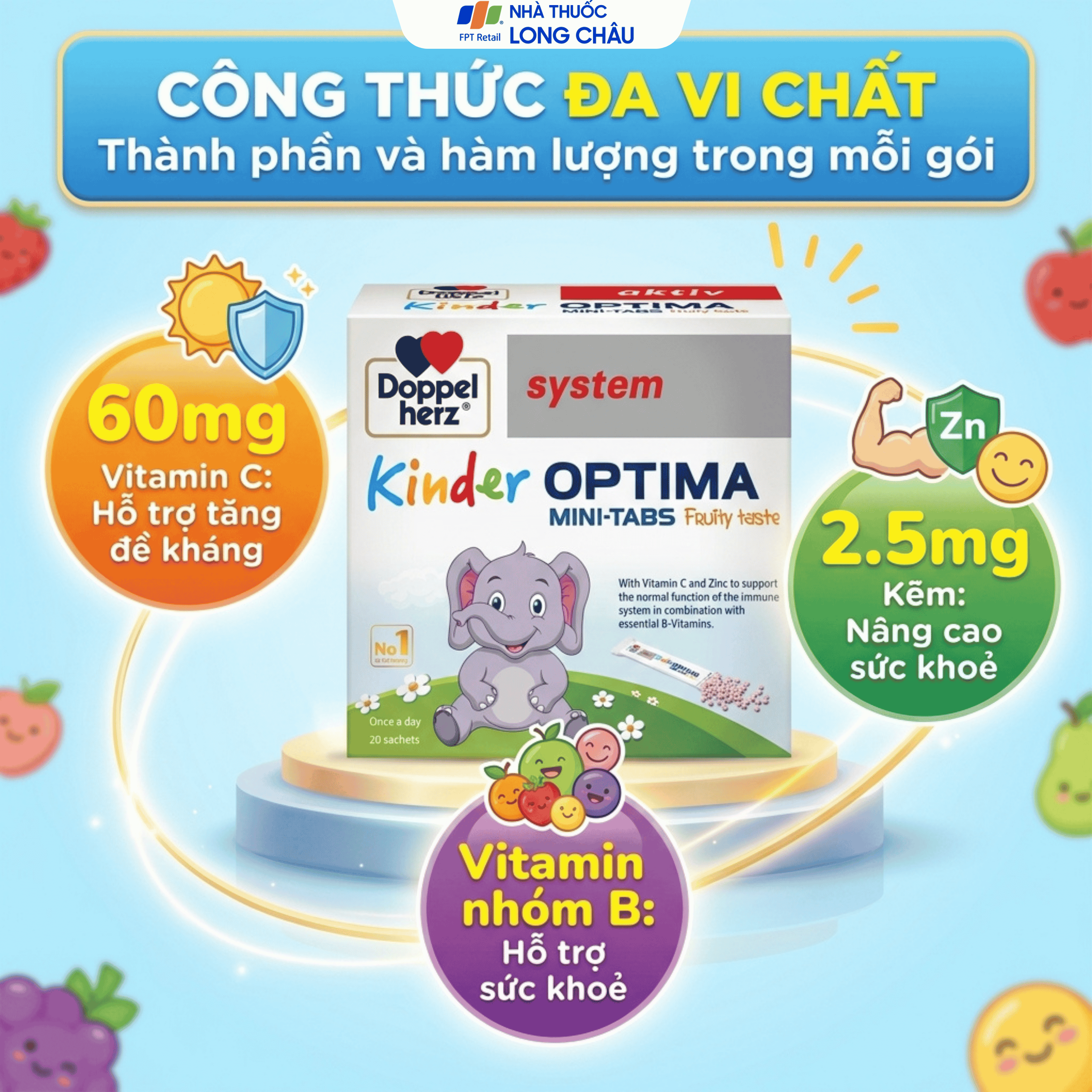 Hình ảnh Cốm bổ sung các vitamin, giúp tăng cường sức đề kháng cho trẻ Doppelherz Aktiv Kinder Optima Mini-Tabs (20 gói x 30g)