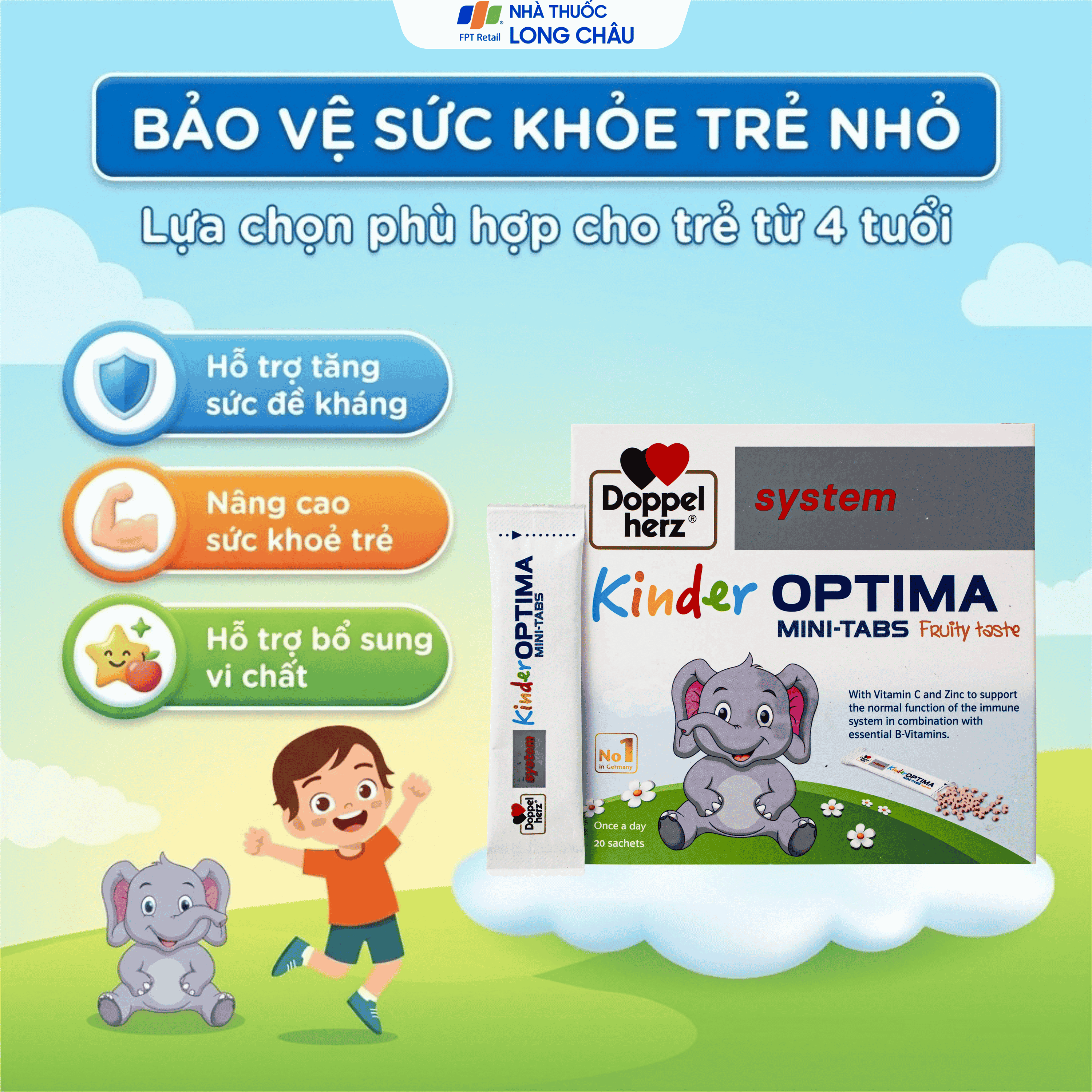 Hình ảnh Cốm bổ sung các vitamin, giúp tăng cường sức đề kháng cho trẻ Doppelherz Aktiv Kinder Optima Mini-Tabs (20 gói x 30g)