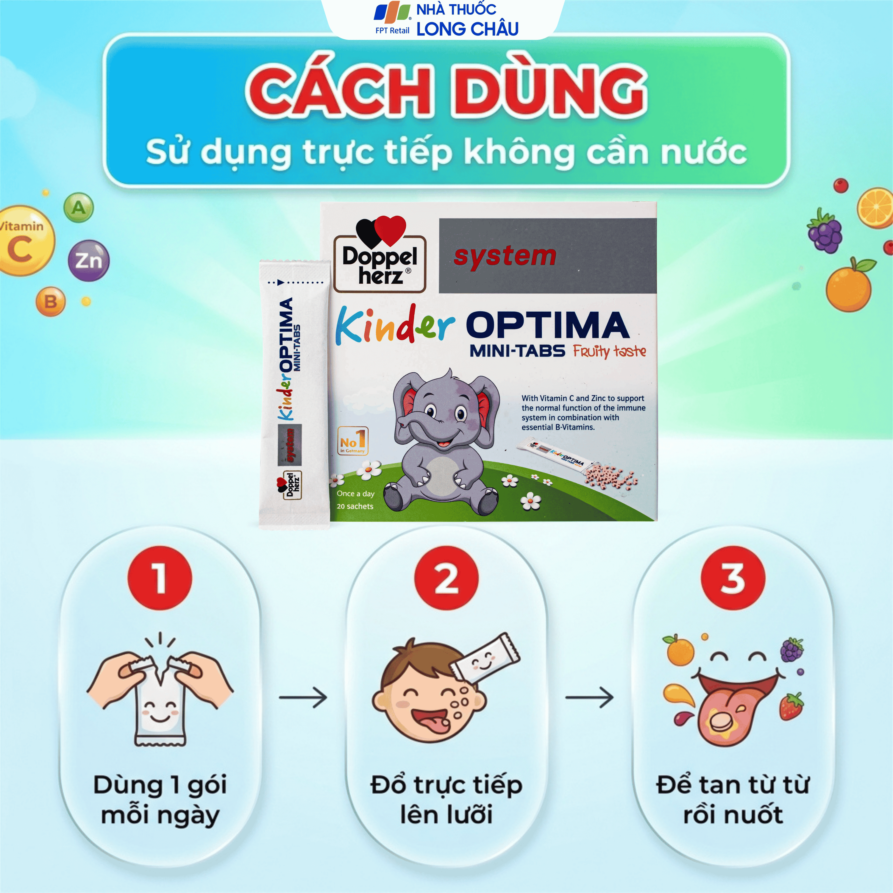 Hình ảnh Cốm bổ sung các vitamin, giúp tăng cường sức đề kháng cho trẻ Doppelherz Aktiv Kinder Optima Mini-Tabs (20 gói x 30g)