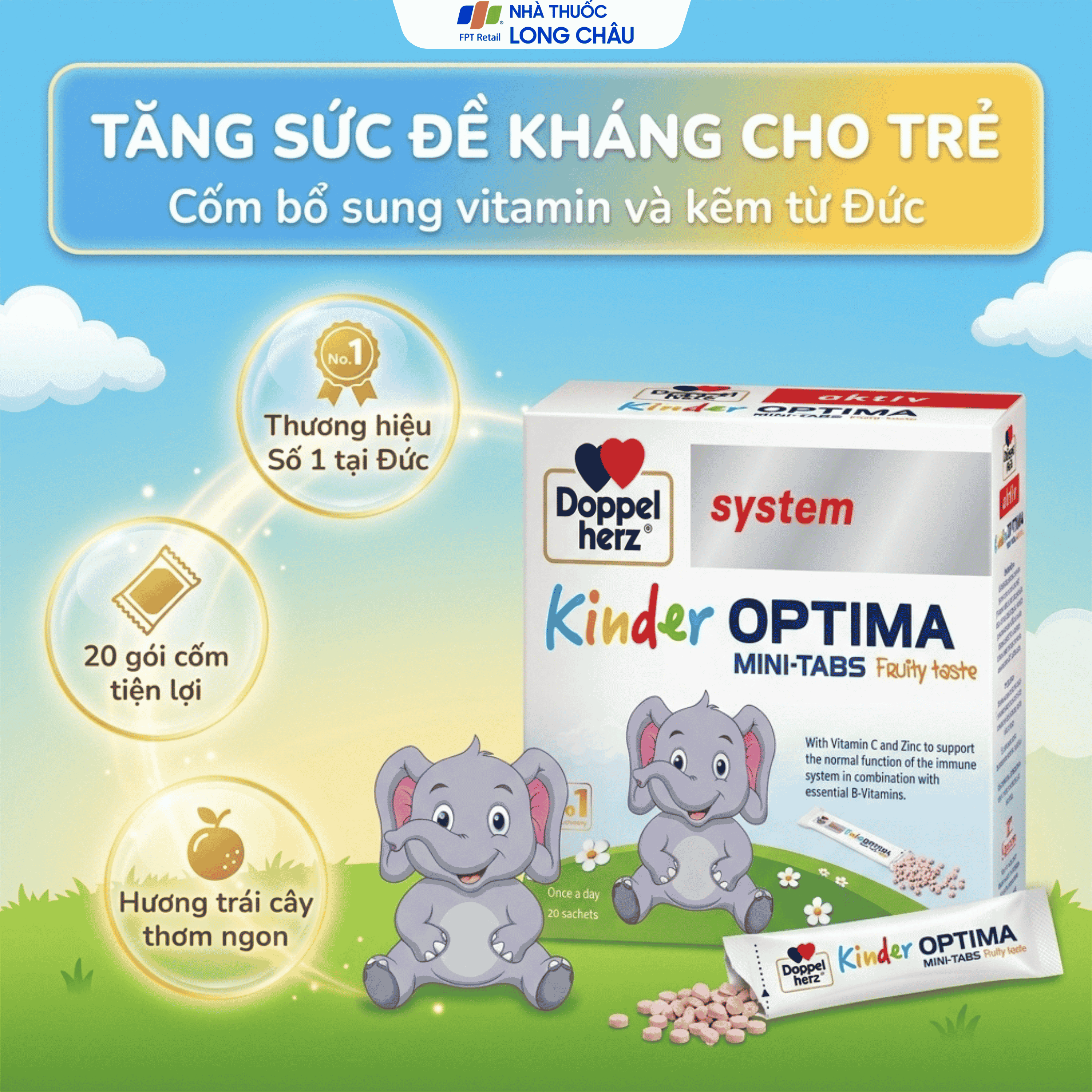 Hình ảnh Cốm bổ sung các vitamin, giúp tăng cường sức đề kháng cho trẻ Doppelherz Aktiv Kinder Optima Mini-Tabs (20 gói x 30g)