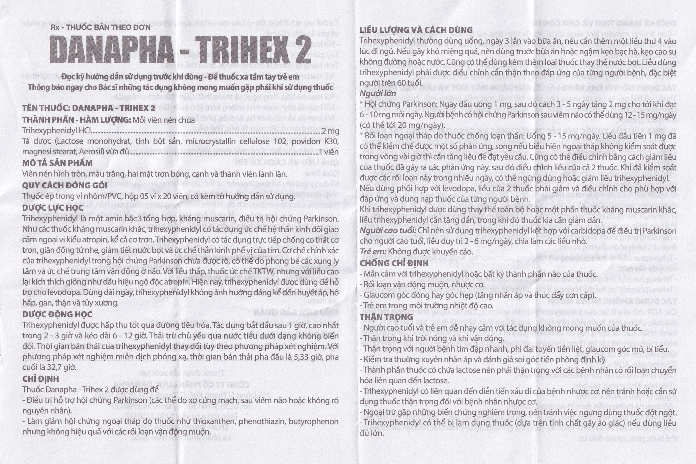 Hình ảnh Thuốc Danapha - Trihex 2 điều trị hỗ trợ hội chứng Parkinson, giảm hội chứng ngoại tháp (5 vỉ x 20 viên)