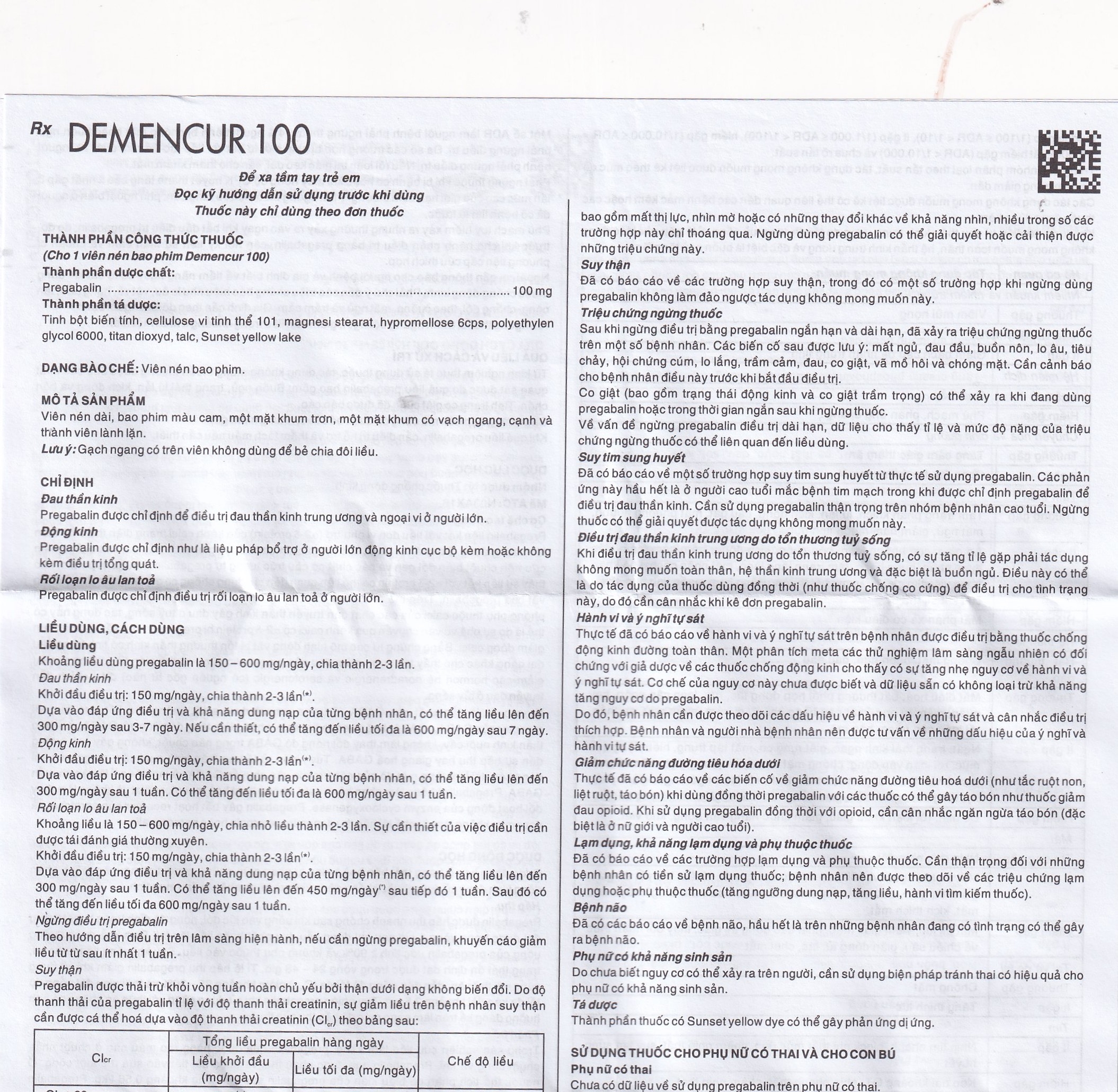 Hình ảnh Thuốc Demencur 100 DaviPharm điều trị đau thần kinh trung ương và ngoại vi (3 vỉ x 10 viên)