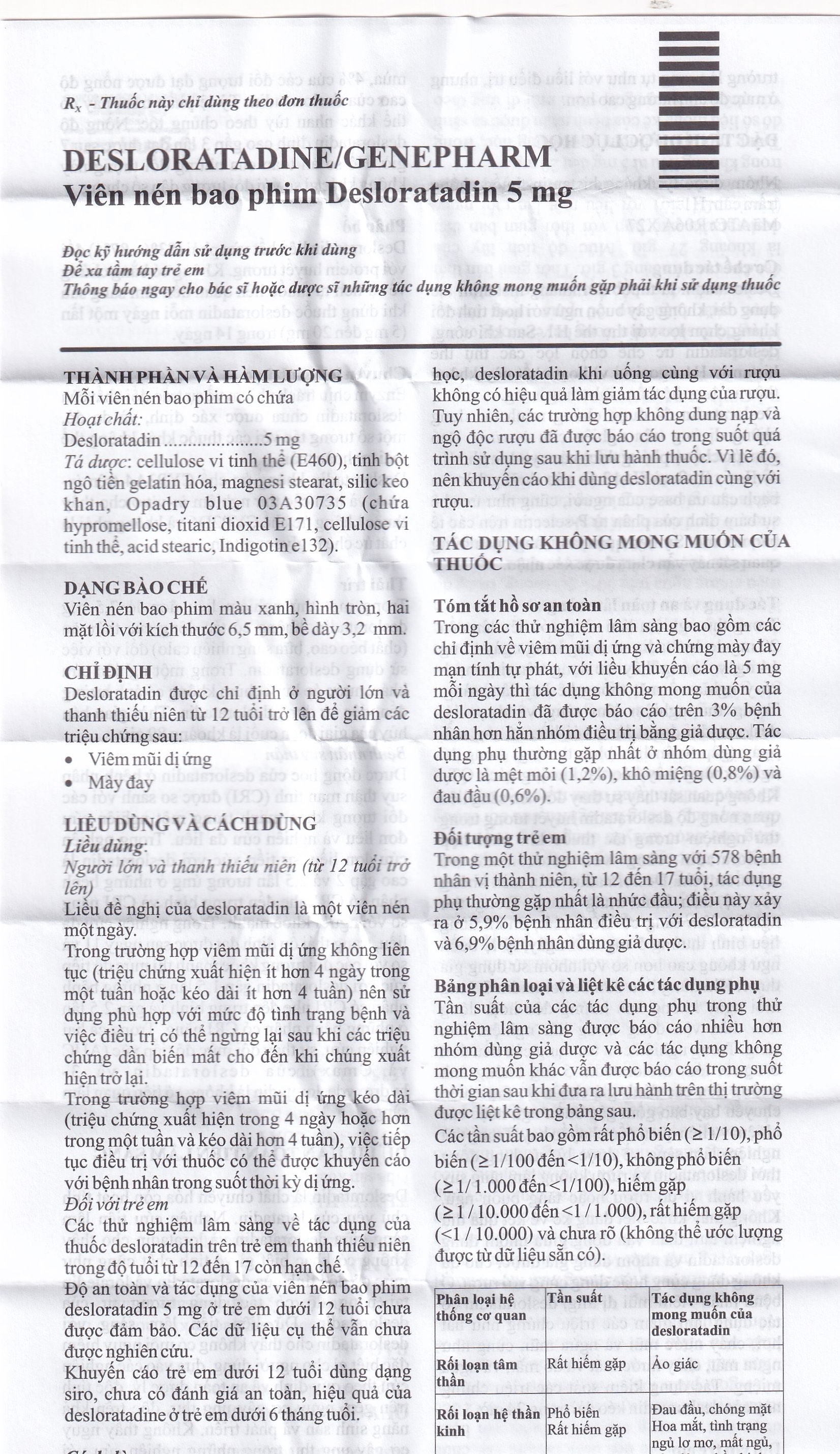 Hình ảnh Thuốc Desloratadine 5mg Genepharm giảm các triệu chứng viêm mũi dị ứng, mày đay (2 vỉ x 15 viên)