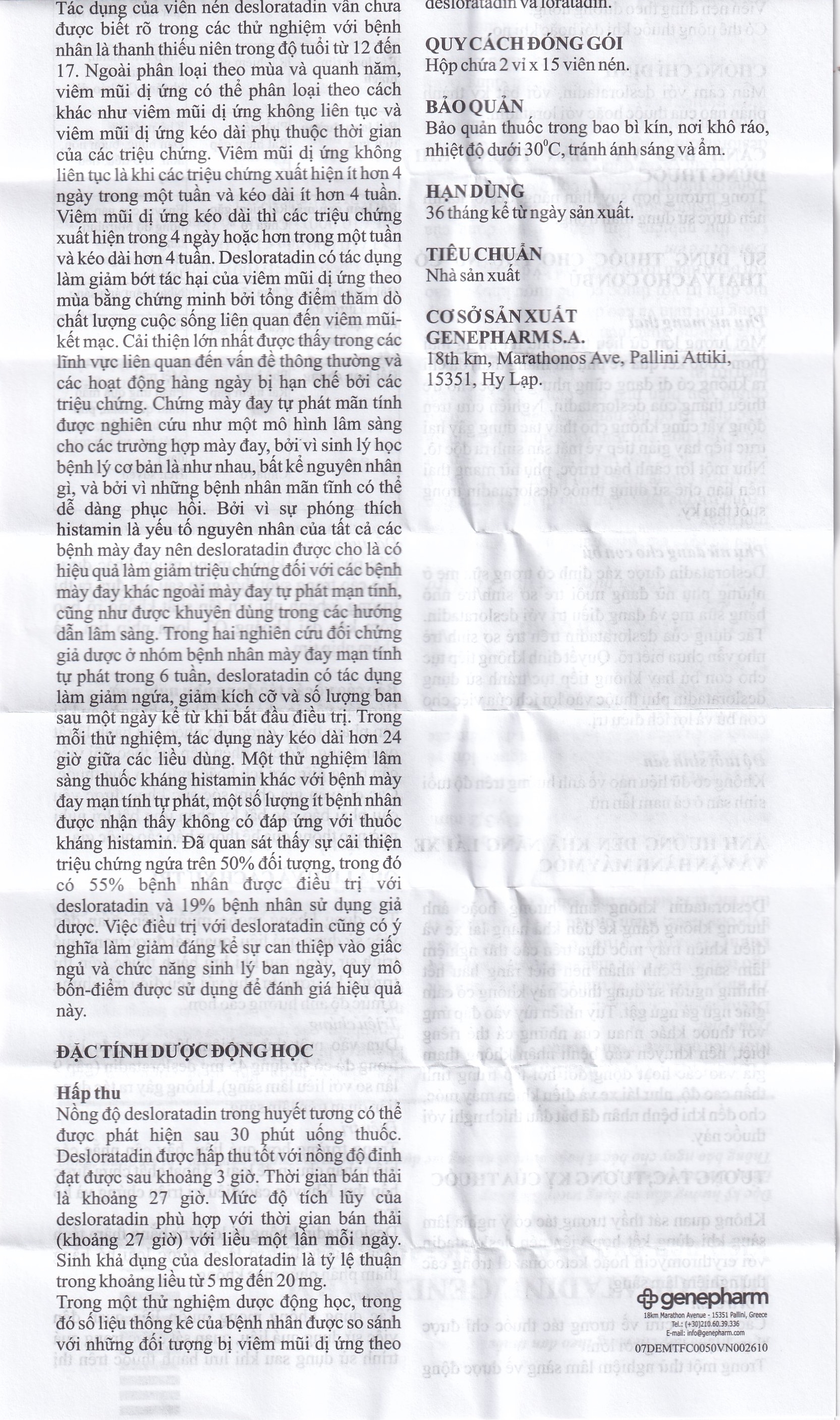 Hình ảnh Thuốc Desloratadine 5mg Genepharm giảm các triệu chứng viêm mũi dị ứng, mày đay (2 vỉ x 15 viên)