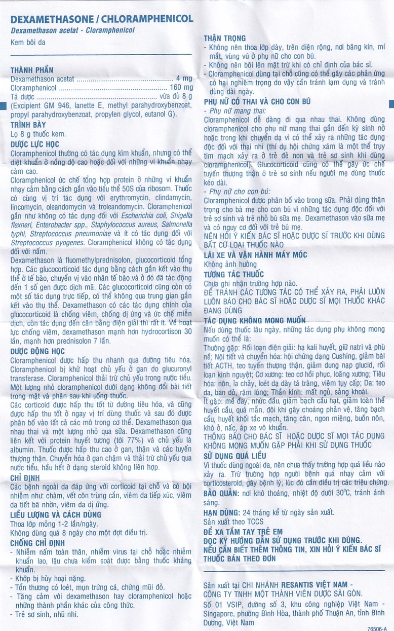 Hình ảnh Kem bôi da Dexamethasone/Chloramphenicol điều trị chàm, vết côn trùng cắn, viêm da tiếp xúc (8g)