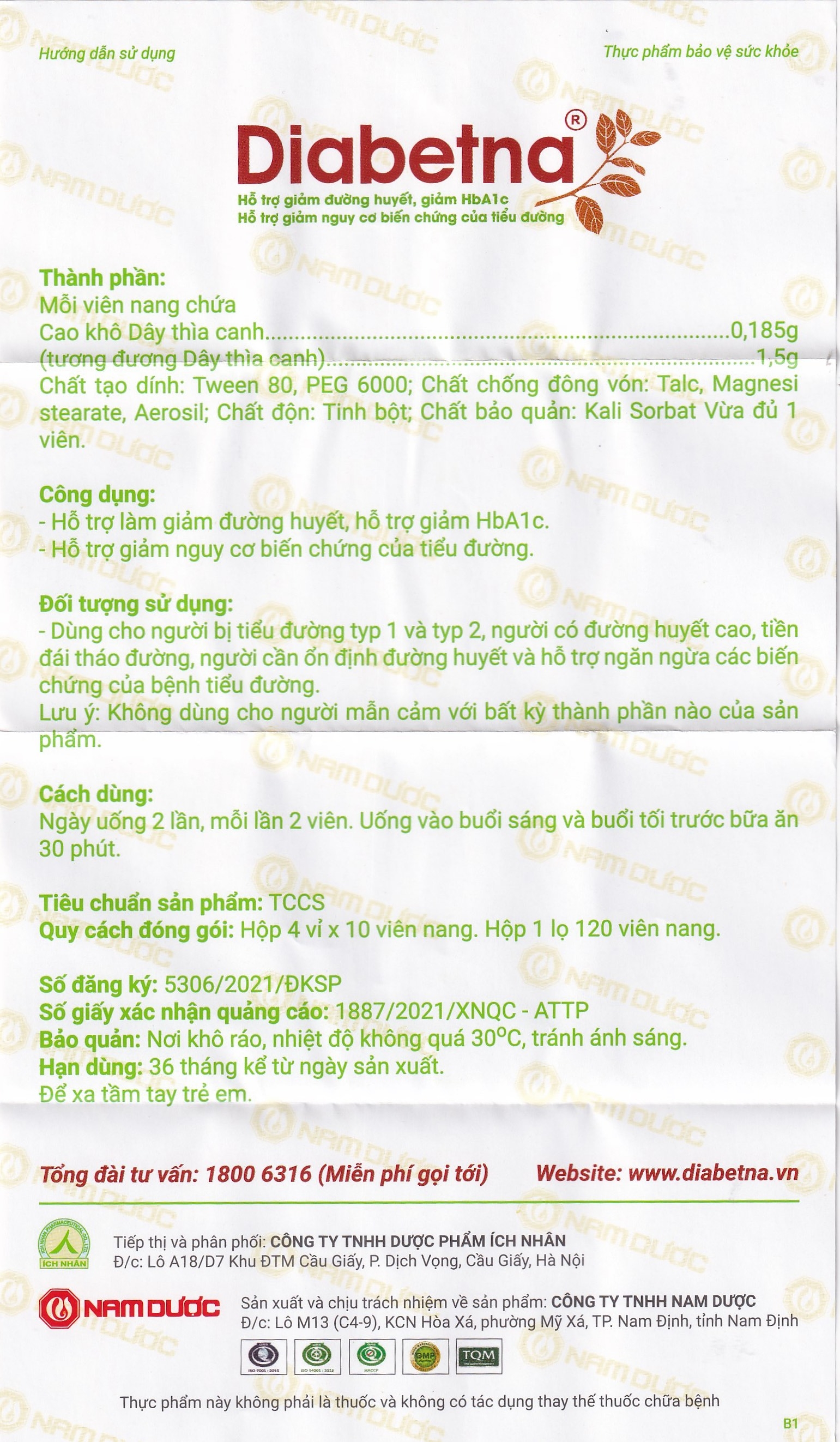 Hình ảnh Viên uống Diabetna Nam Dược hỗ trợ giảm đường huyết, giảm HbA1c (4 vỉ x 10 viên)