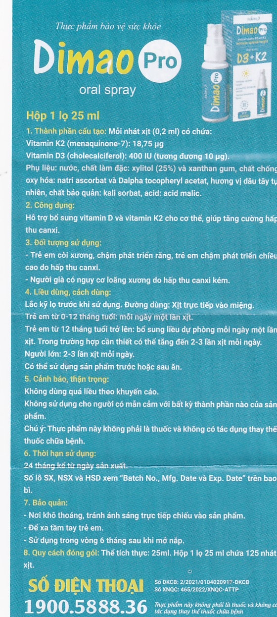 Hình ảnh Xịt họng Dimao Pro Oral Spray D3 + K2 hỗ trợ bổ sung vitamin D và vitamin K2 cho cơ thể (25ml)
