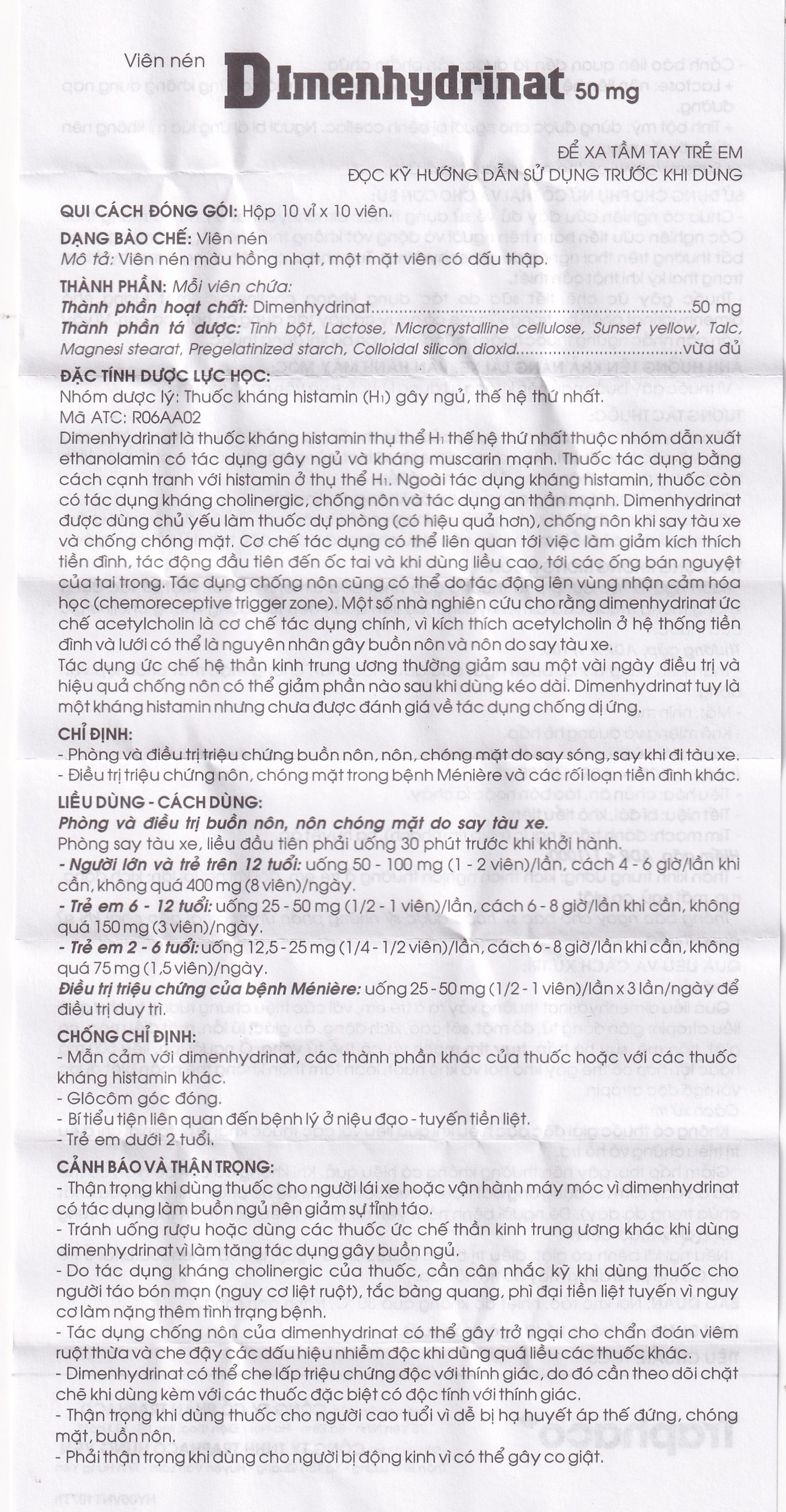 Hình ảnh Thuốc Dimenhydrinat 50mg Traphaco chống nôn, chống say tàu xe (10 vỉ x 10 viên)