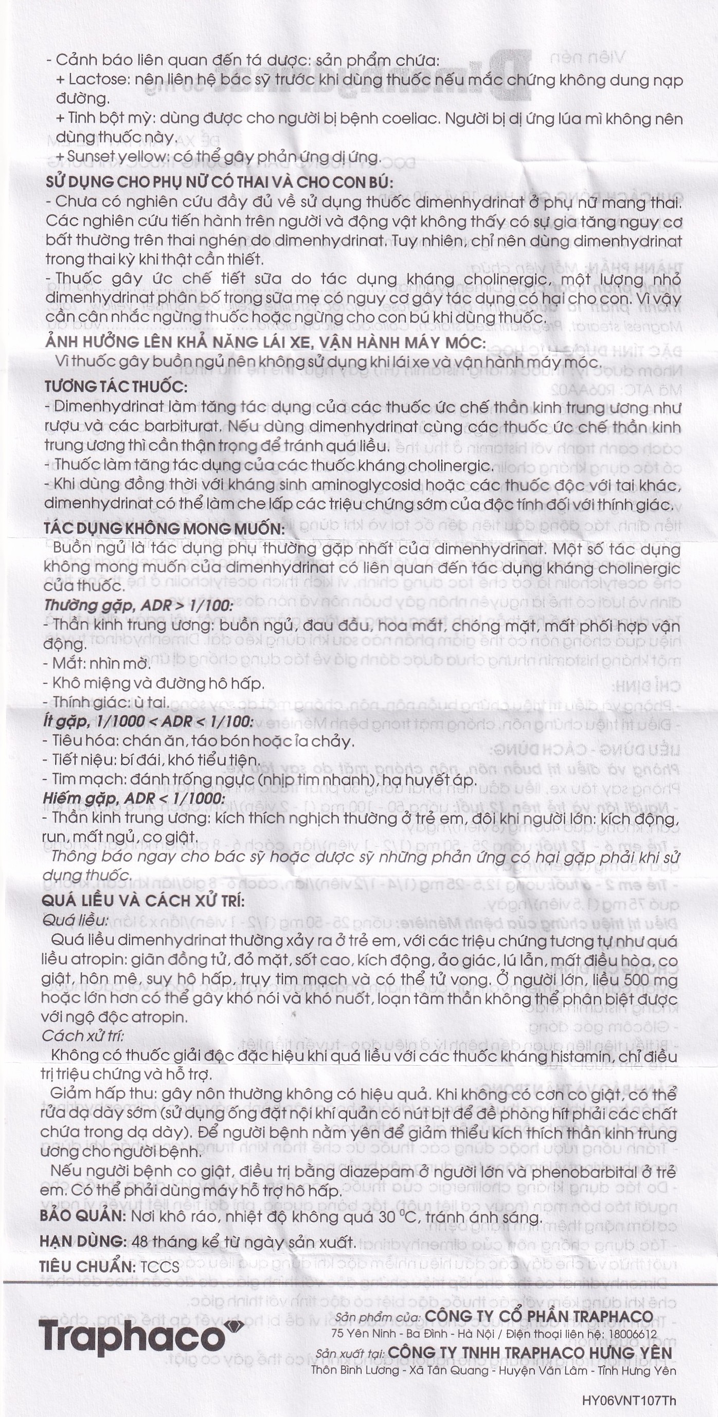 Hình ảnh Thuốc Dimenhydrinat 50mg Traphaco chống nôn, chống say tàu xe (10 vỉ x 10 viên)