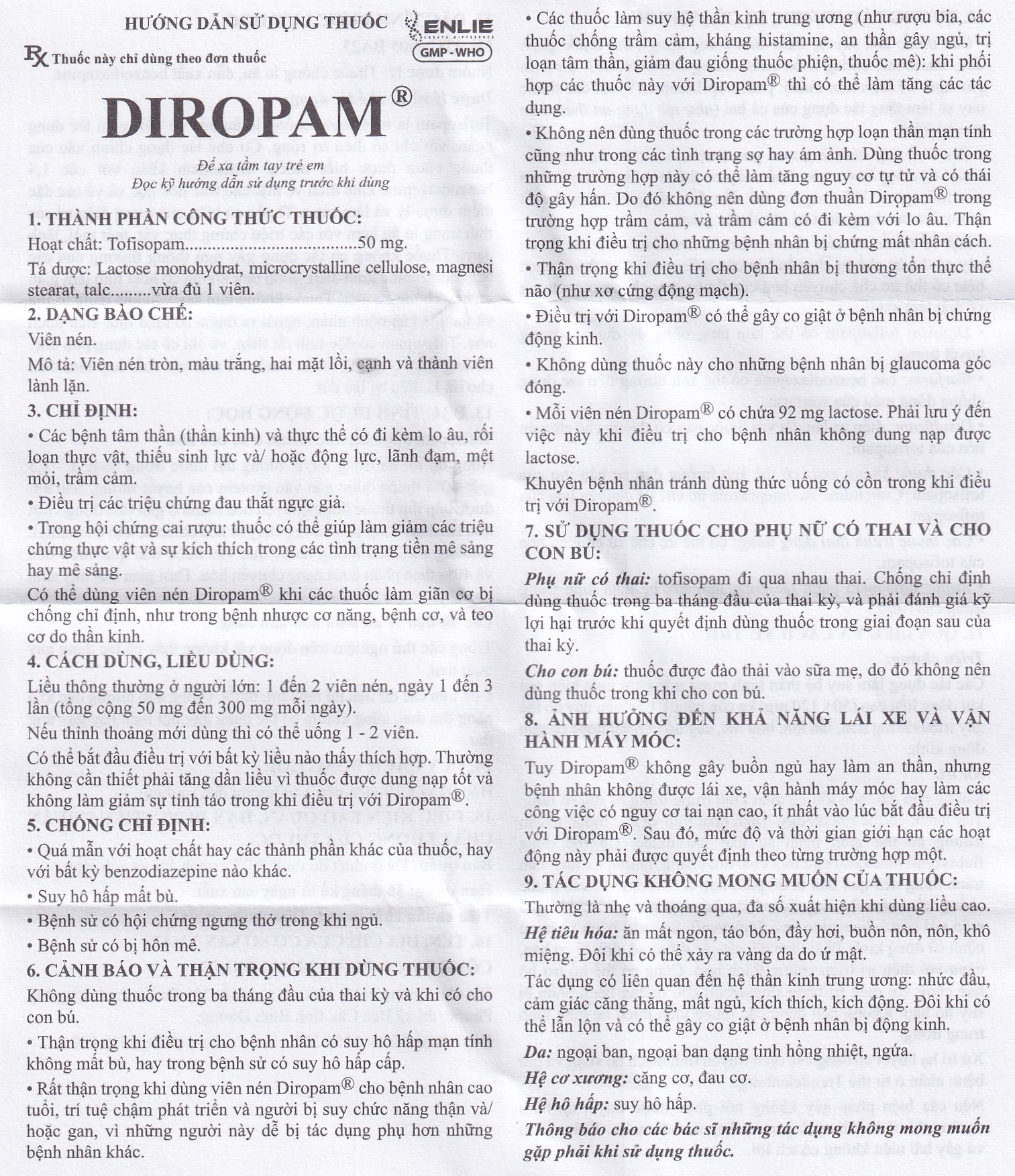 Hình ảnh Thuốc Diropam 50mg Enlie điều trị triệu chứng đau thắt ngực giả, tiền mê sảng (2 vỉ x 10 viên)